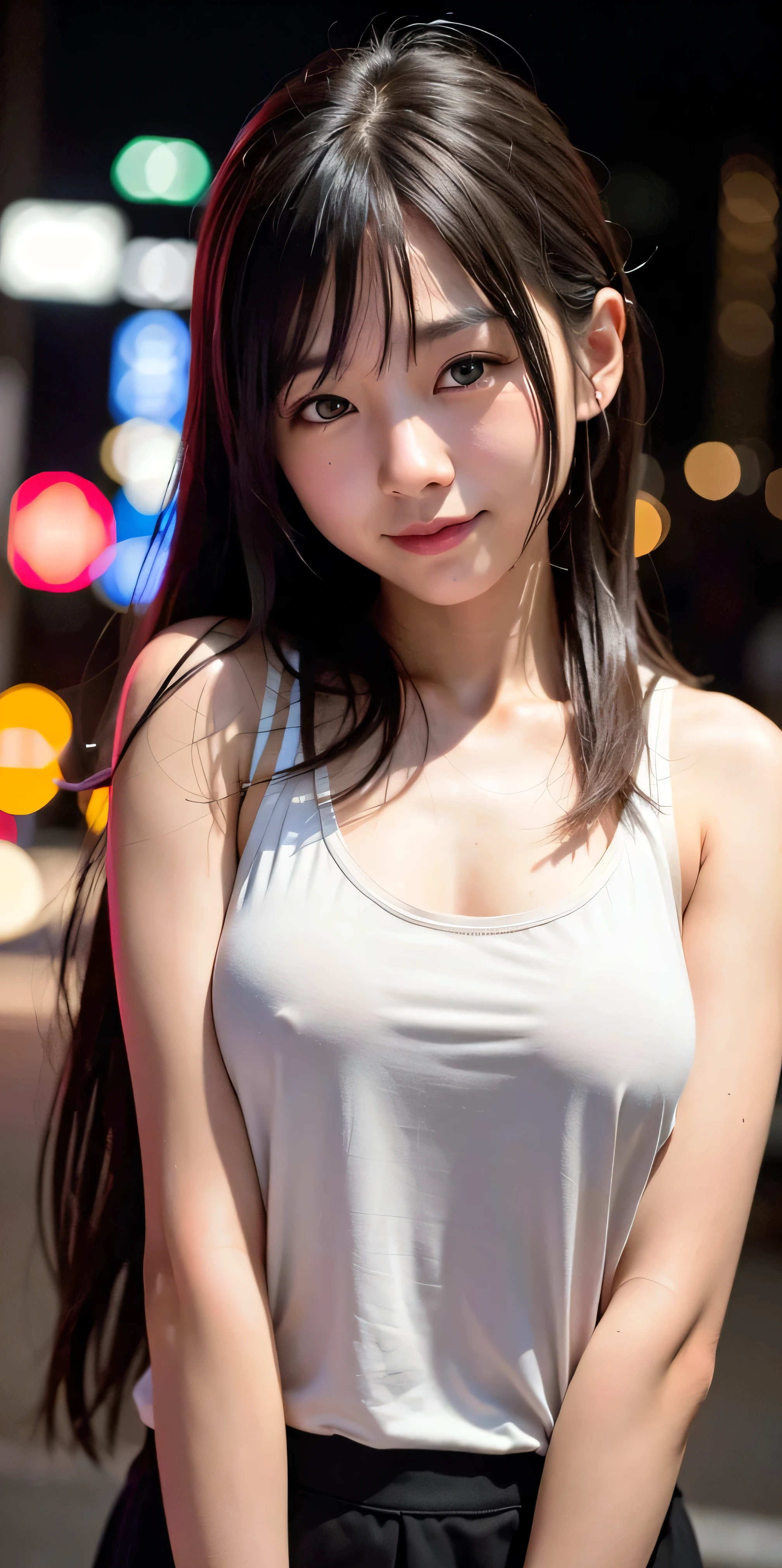 One girl, Tokyo Street,night, Cityscape,City lights,Upper Body,close,smile,, (8k, RAW Photos, highest quality, masterpiece:1.2),(Realistic, photo-Realistic:1.37),