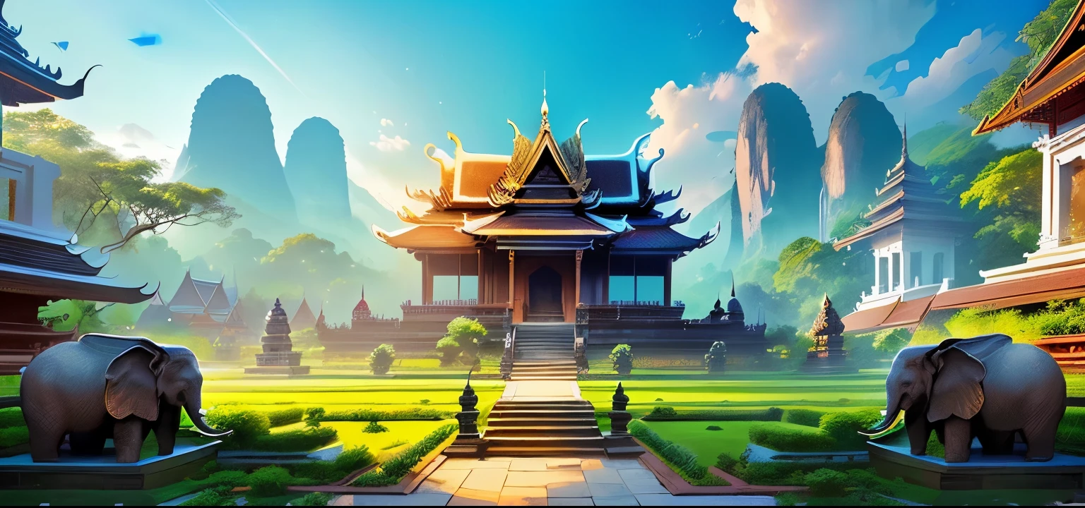 cartoon scene of a Thailand forest with a garden and a forest , two thailand elephant stone, Thai garden forest with stone yard and temple background, royal garden background, light kingdom backdrop, background art, a wide open courtyard in an epic, loadingscreen, background artwork, stylized concept art, background depicting garden with stone yard and a temple around, epic background, relaxing concept art, splash screen art, thailand concept, thailand style 