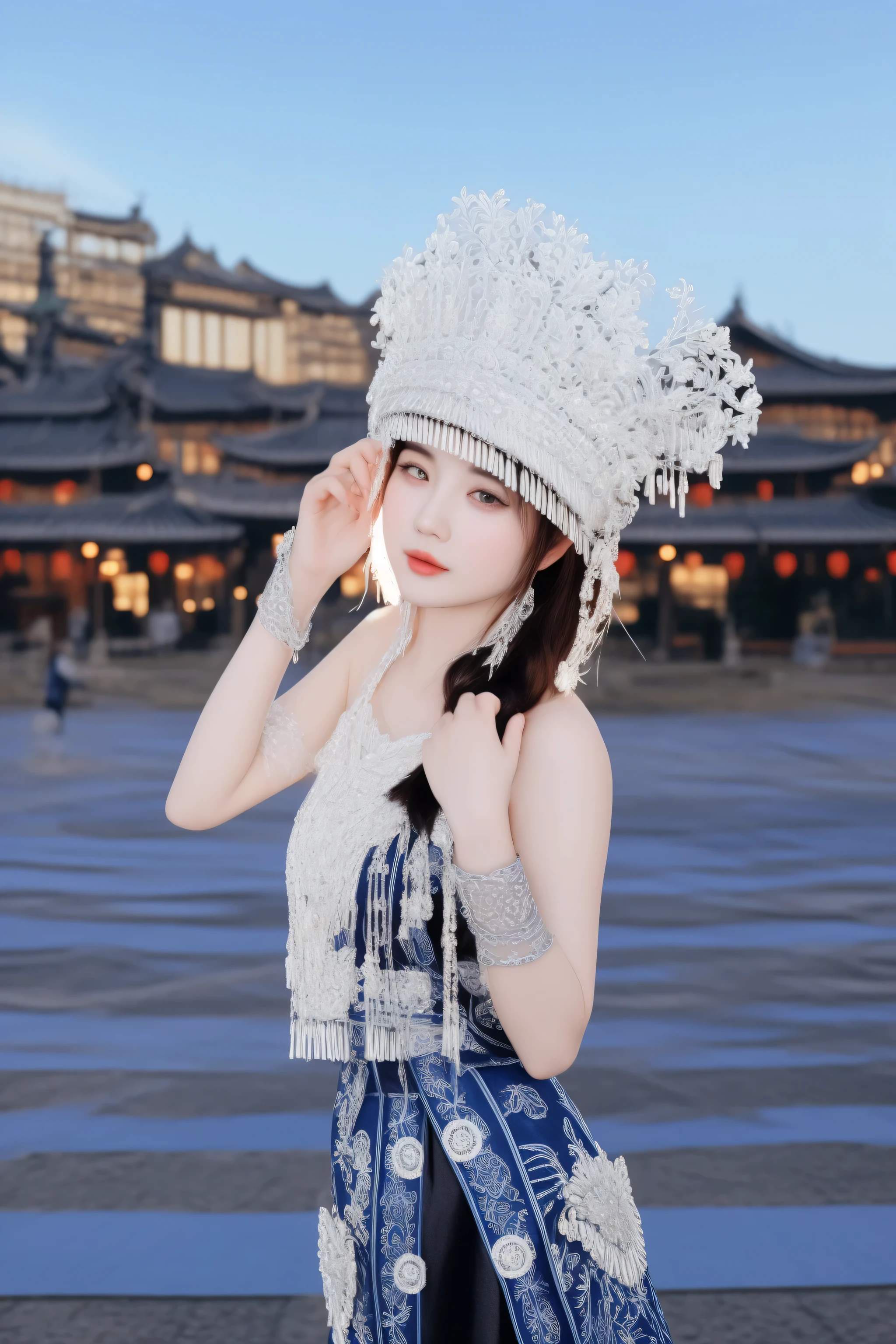 there is a woman wearing a silver hat and a blue dress, palace ， a girl in hanfu, traditional chinese, chinese girl, traditional beauty, inspired by Jin Nong, wearing an ornate outfit, chinese woman, chinese princess, a beautiful fantasy empress, traditional tai costume, chinese empress, intricate chrome headdress, full body xianxia, chinese costume
