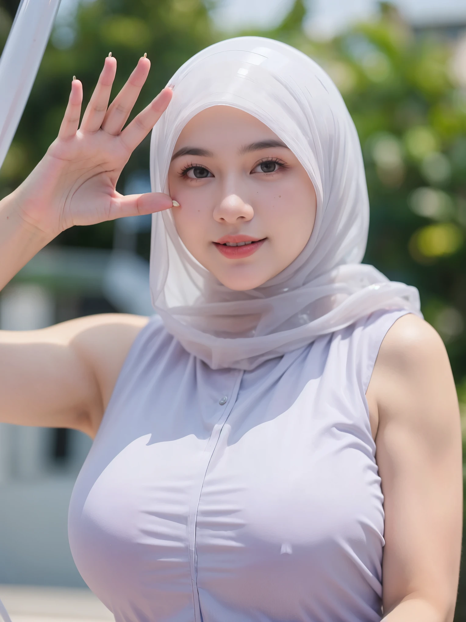 Beautiful Young 30 Years Old Sleeveless Hijab Women Potrait , Large Colossal Breasts , ((Transparent:1.3)) , Arms Up , ((Muscles:1.1)) , ((Bokeh:1.1)) , Both Hands Are Shackled Above , EF 24-70mm f/2.8L II USM , ((Love Hand Sign))
