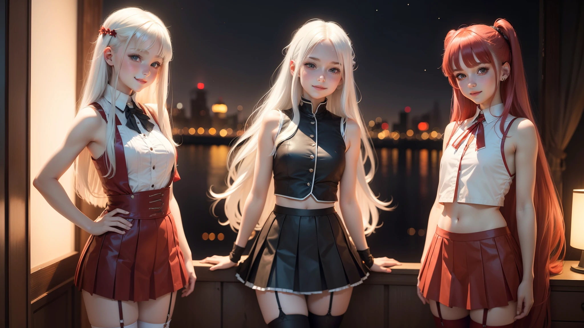 white-haired and red-haired Europeans girls, Europeans girls, cute, young, with long hair, sleeveless jackets, pleated skirt, cropped tops, night time, smiling, stockings with garters, flirt with you, seduce you
