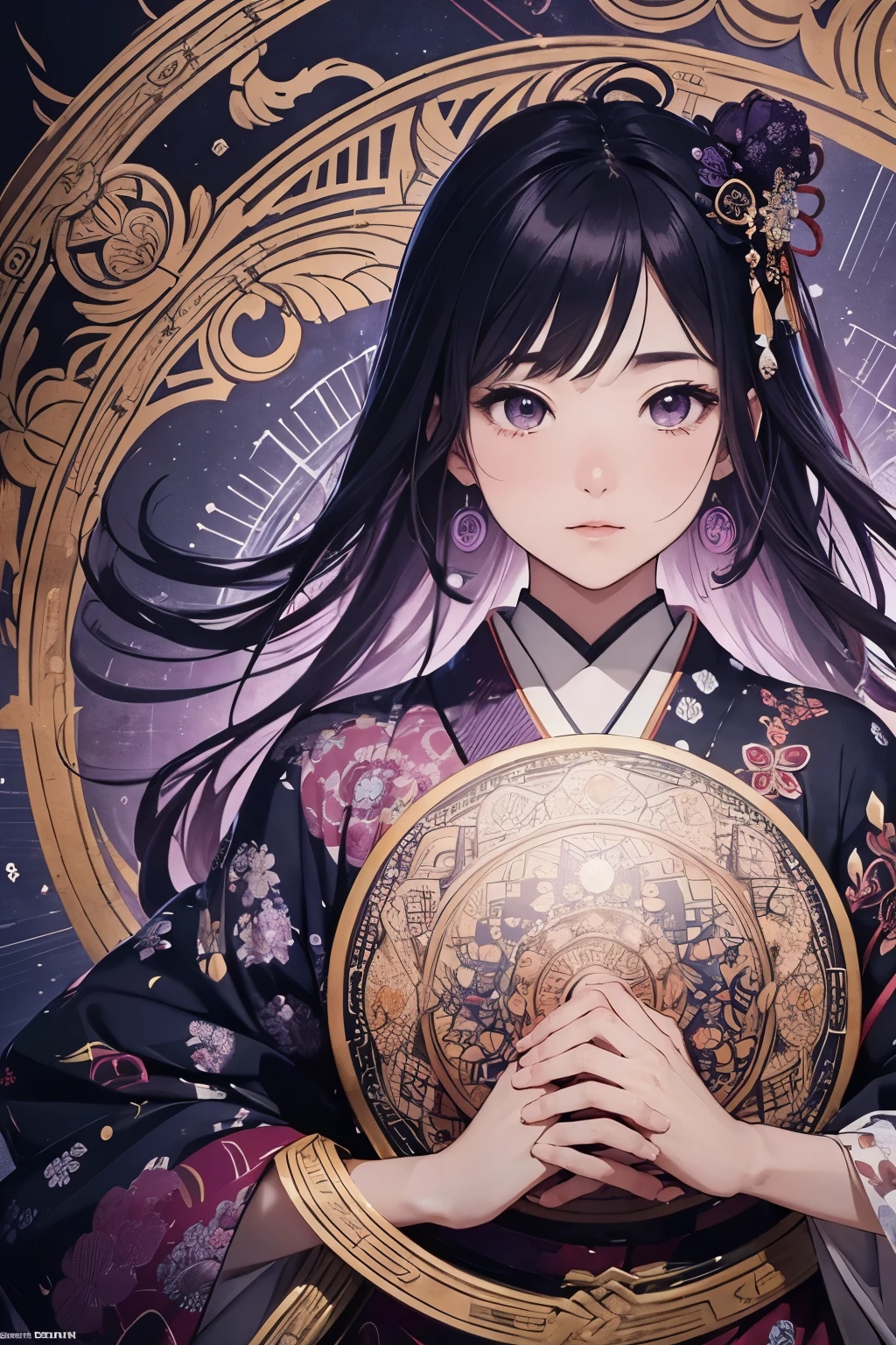 A visually appealing and high-resolution circular design featuring ten Japanese girls in various traditional , each within their own circle on the page. The central figure is adorned with intricate patterns of dark purples and silver accents, while surrounding figures display vibrant colors like deep blues or soft purples. This detailed illustration captures an atmosphere reminiscent of old-world elegance and cultural richness, perfect for adding depth to your projects.