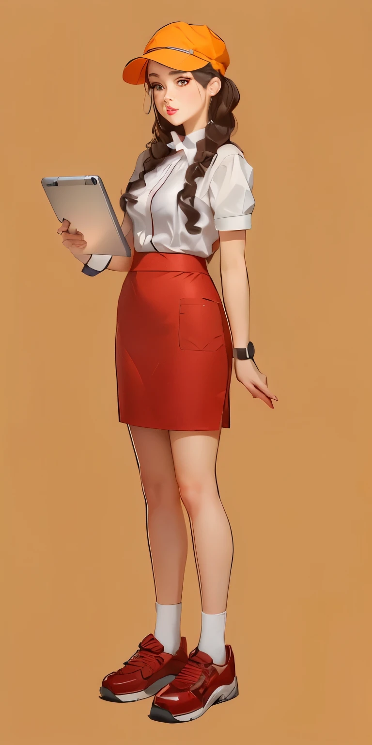 （Perfect face），cartoon girl in a red skirt and a white shirt holding a tablet, Full body portrait, Full body portrait, Full body portrait, Full body portrait of a short!, character Full body portrait, kushatkrentz women in critical art, Full body portrait, Practical , Highly detailed character designs, ( waitress ) girl, Official character illustrations