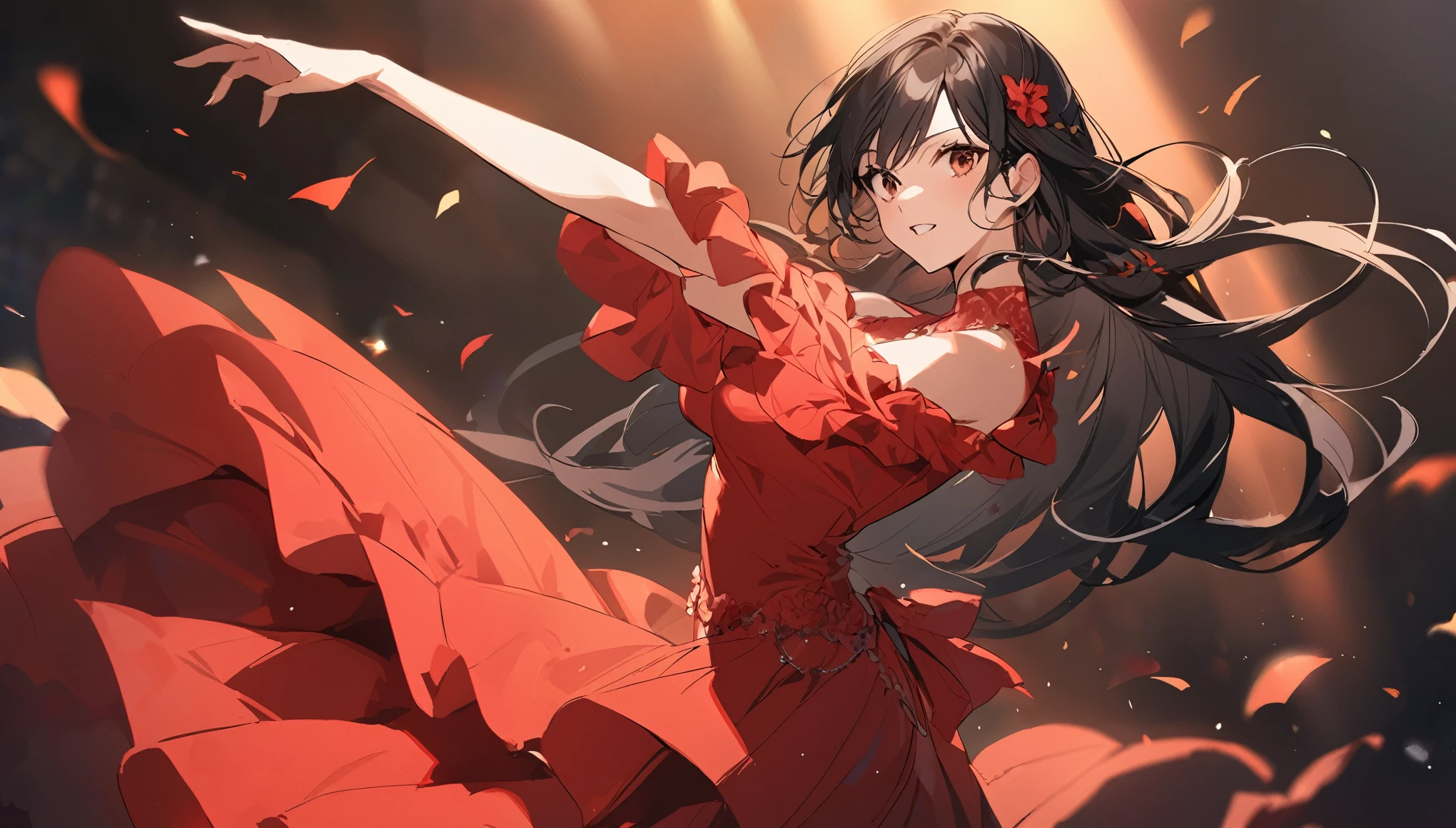 Girl dancing flamenco,Red long dress,Black Hair
