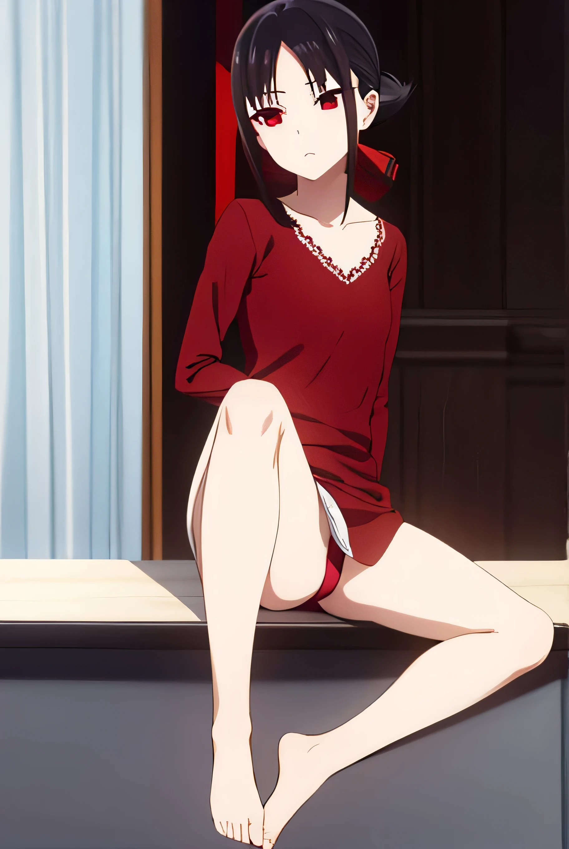 kaguyashinomiya, kaguya shinomiya, short hair, bangs, black hair, (red eyes:1.3), hair ribbon, sidelocks, folded ponytail, (parted bangs:1.5),
BREAK red lace bra, black socks, no shoes, nsfw
BREAK indoors, bedroom,
BREAK red lace panties, BREAK full body view, ultra high quality, underwear, legs spread, sitting on floor