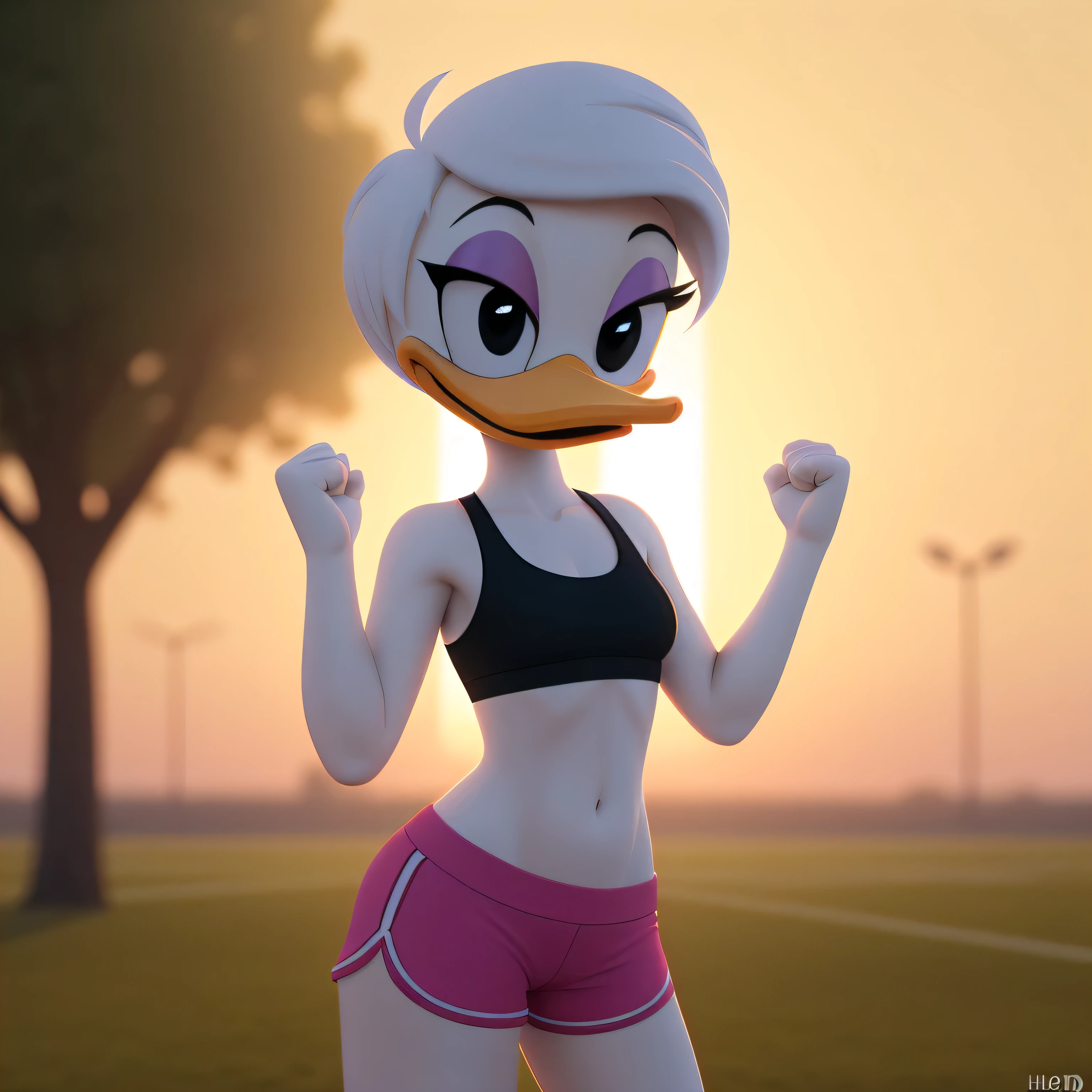 photorealism, female daisy duck, detailed background, outside, orange legs: 1.2, eyeshadow, white hair, hairstyle, flat chested wear sports bra, pink shorts, arms raised up, simple black eyes, detailed, intricate, 8k hd, highest quality, (detailed white skin:1.3), (looking at the viewer), (soft cinematic light:1.1), (showing her torso),