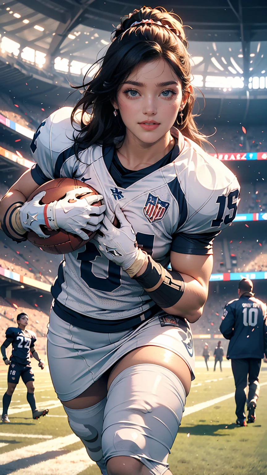 (8K, original photo, top quality, masterpiece: 1.2), masterpiece, super detailing, Ultra-high resolution energy A, (realistic and realistic photos: 1.37), High-definition raw color photos, Very delicate and beautiful., Agree, 8k wallpaper, amazing, Detail, very detailed eyes, highly detailed skin, very detailed fingers, very detailed nose, very detailed mouth, complete anatomy,1 girl, (Sexy American Football Jersey), mini skirt,big bust,skin,firm buttocks,stockings,keep your mouth shut、smile happily、big eyes、distinct double eyelids、Eyelashes、absolute area、clean collarbone、perfect face、thin lips、small face、(glare at the viewer、highlight on the eyes、shine on lips) , (american football stadium:1.4) like a jewel, smile cutely,long gray hair, alone, 18 years old、Aiming to become a gravure idol, perfect light,dynamic angle, (Violent Tackle:1.6),football game, slim body,