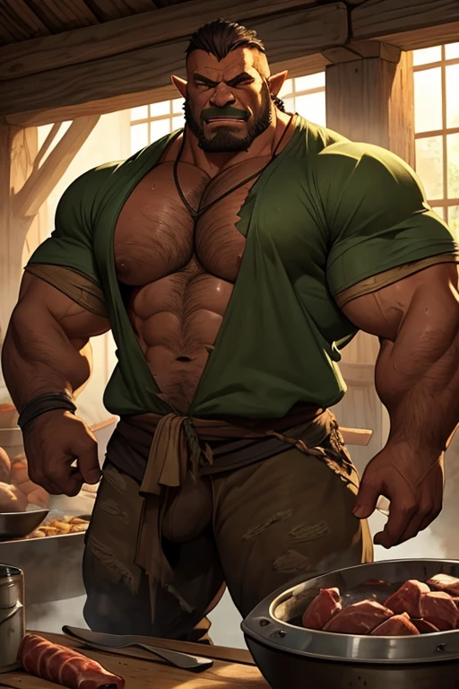 Medieval fantasy Human prisoners in an Orc village preparing animal carcasses for cooking. Sweat. Muscles. Dirt. Worn clothes. Torn clothes. Big muscles. Broad shoulders. Thick meaty pecs. Worn shirts. Bloody hands and shirt. Tusks. Crotch bulge. Bulging crotch. Growing muscles.