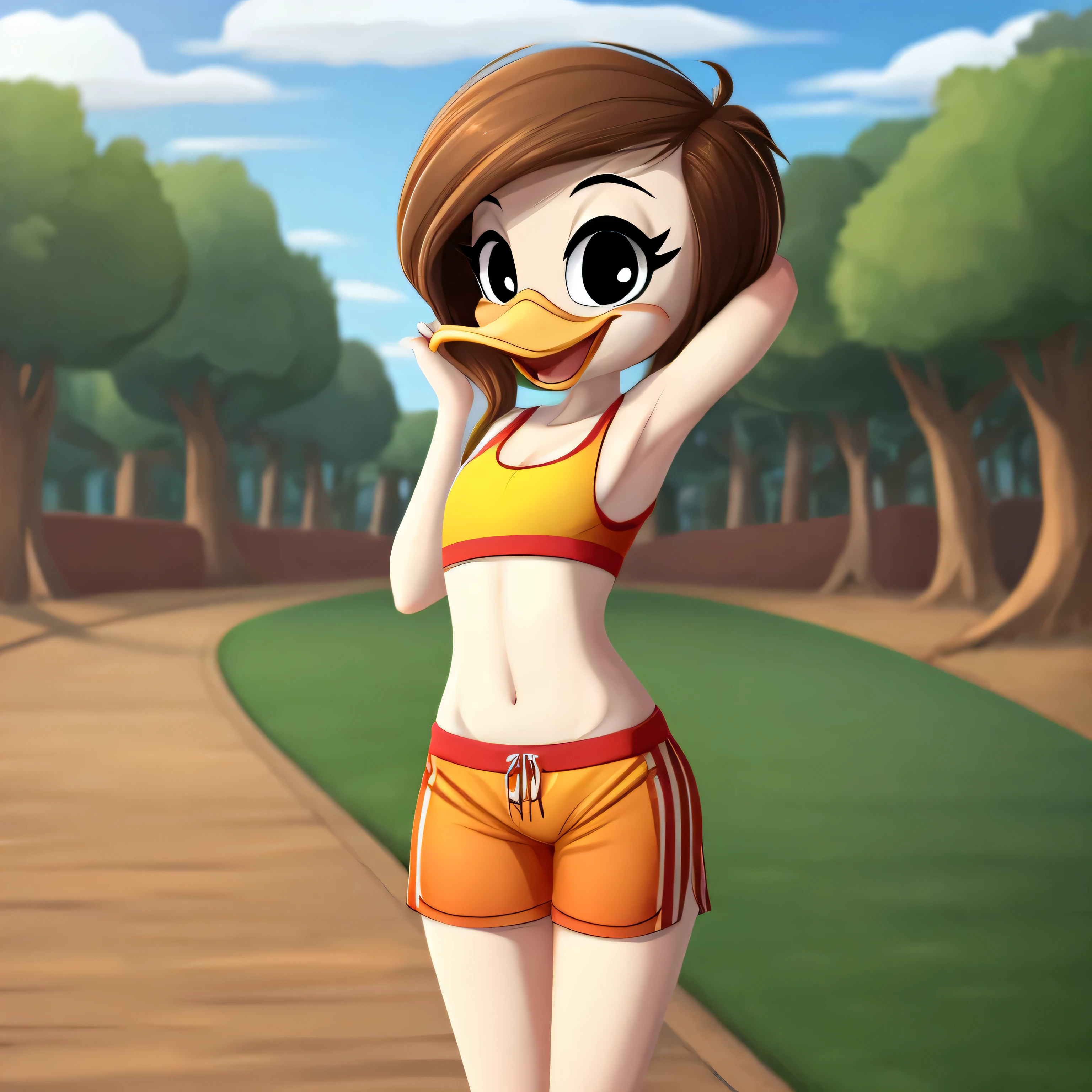 Sally Stoey Duck, female, brown hairstyle, light orange legs: 1.2, duck, wears yellow sports bra, pink shorts, happy, smiling, white skin, purple eyeshadow, black eyes, scut tail, flat chested, ducktales, eyeliner, beak, standing, solo:1.2, duck, beak, eyeliner, black eyes, (outside), (looking at viewer), (showing her torso), (lovable attitude), (acting silly)