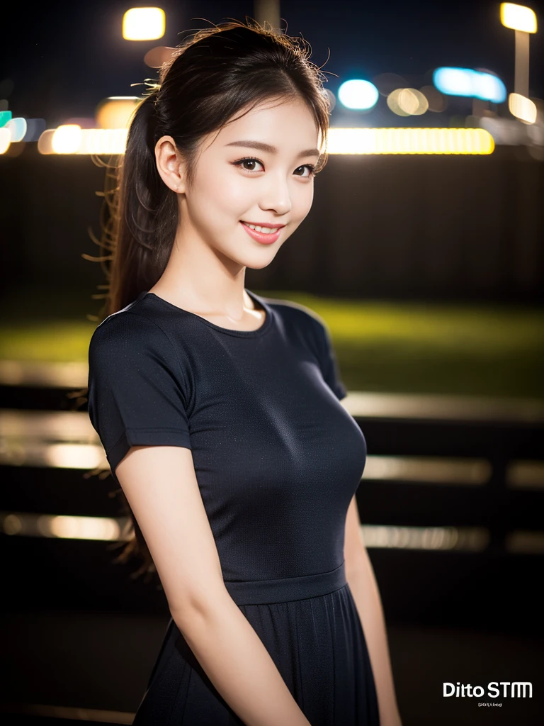a gorgeous lady in a Black Korean Style Short Sleeve Slim Fitting Retro Casual Longdress, standing under night sky, dimpled smile, short ponytail, natural pose, photorealistic, beautiful detailed eyes, hyper-realism, high contrast, ultra HD, realistic skin textures, top image quality, top-quality, super high resolution, fine details, very meticulously, bokeh background