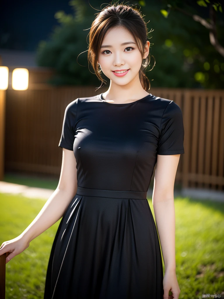 a gorgeous lady in a Black Korean Style Short Sleeve Slim Fitting Retro Casual Longdress, standing under night sky, dimpled smile, short ponytail, natural pose, photorealistic, beautiful detailed eyes, hyper-realism, high contrast, ultra HD, realistic skin textures, top image quality, top-quality, super high resolution, fine details, very meticulously, bokeh background