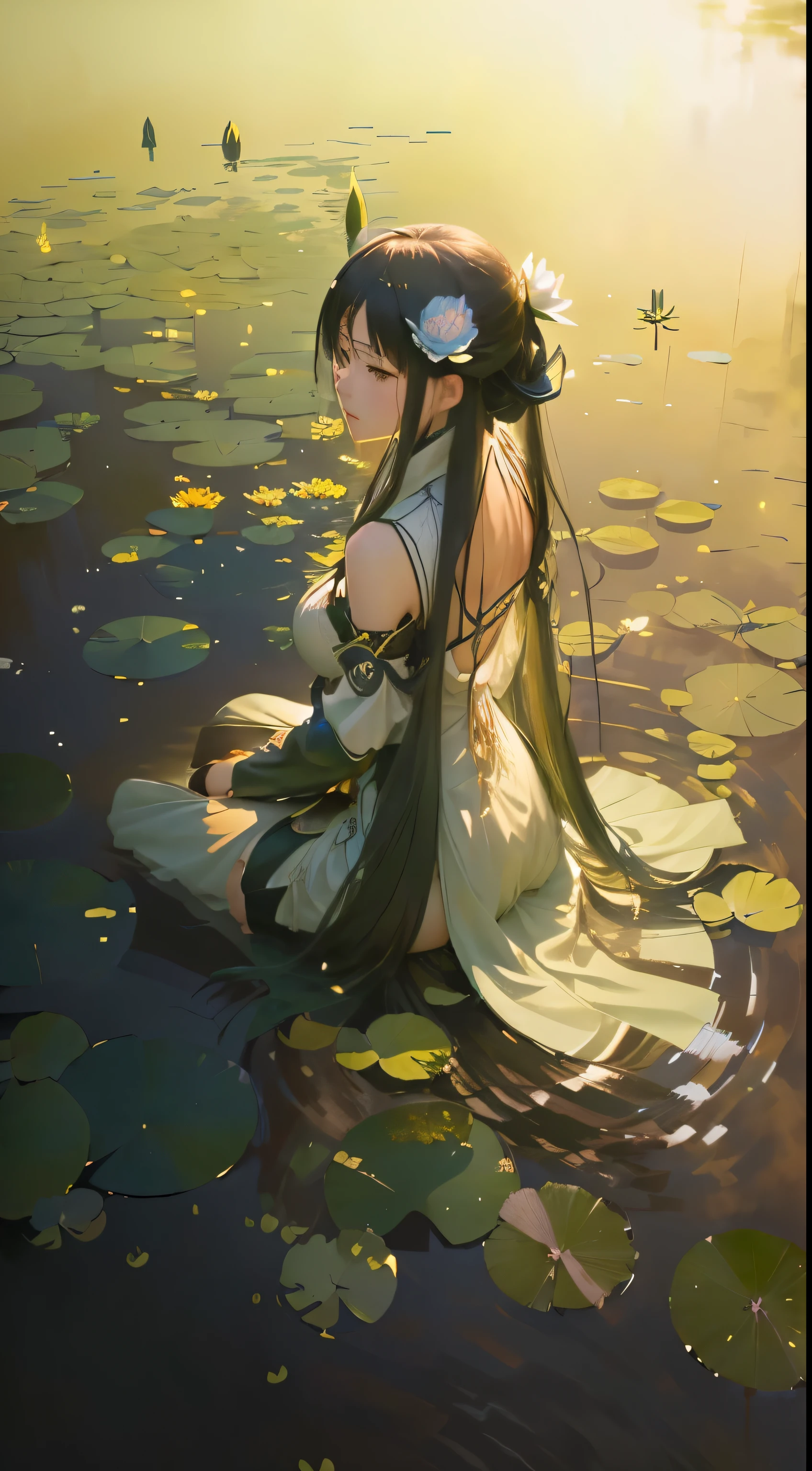 Anime girl sitting in the water,There are water lilies in front, ( ( Xin Haicheng ) ), guweiz, Artwork in the style of Guweiz, romanticism, Anime beautiful peaceful scene, guweiz and Xin Haicheng, Anime girl walking on water, Beautiful anime, overgrowth. by Xin Haicheng