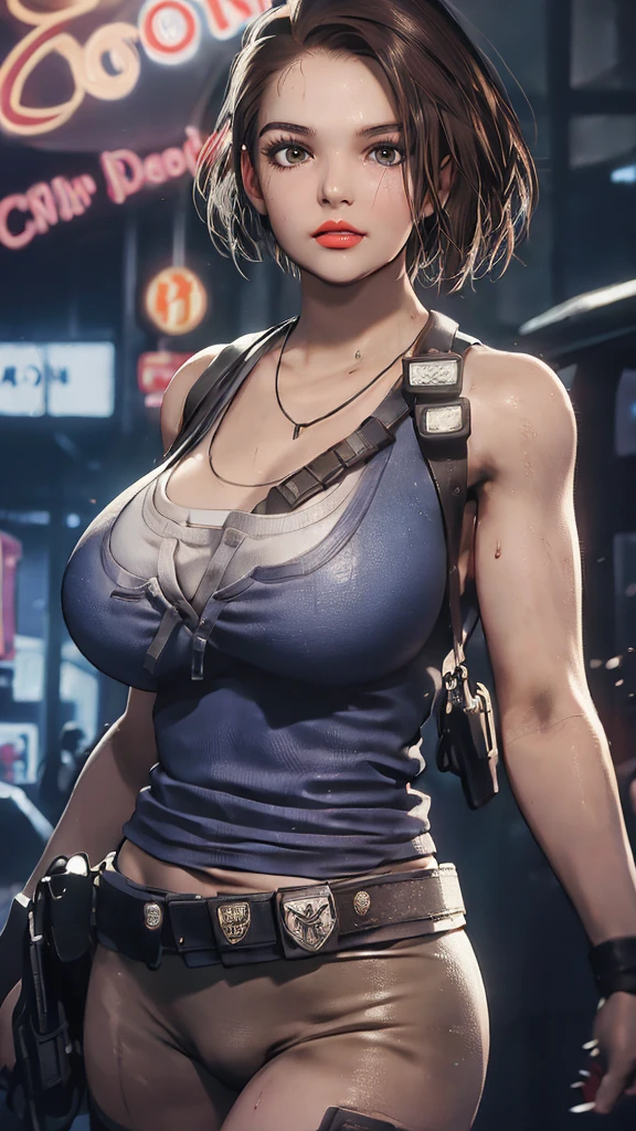 beautiful girl, 18 years old, enormous massive gigantic big large fat breasts,wet, camel toe, red lips ,
White underwear, sexy pose,
Resident evil, Jill Valentine,