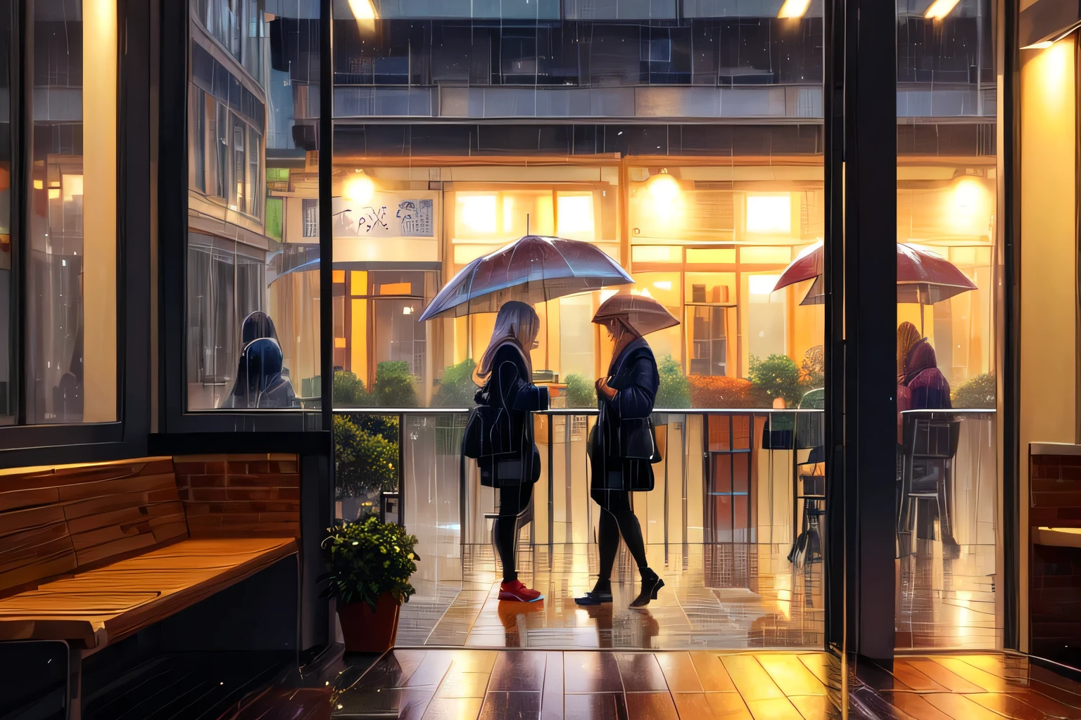 Outside view from inside the cafe, rainy street, people avoiding the rain, student, warm lighting, autumn