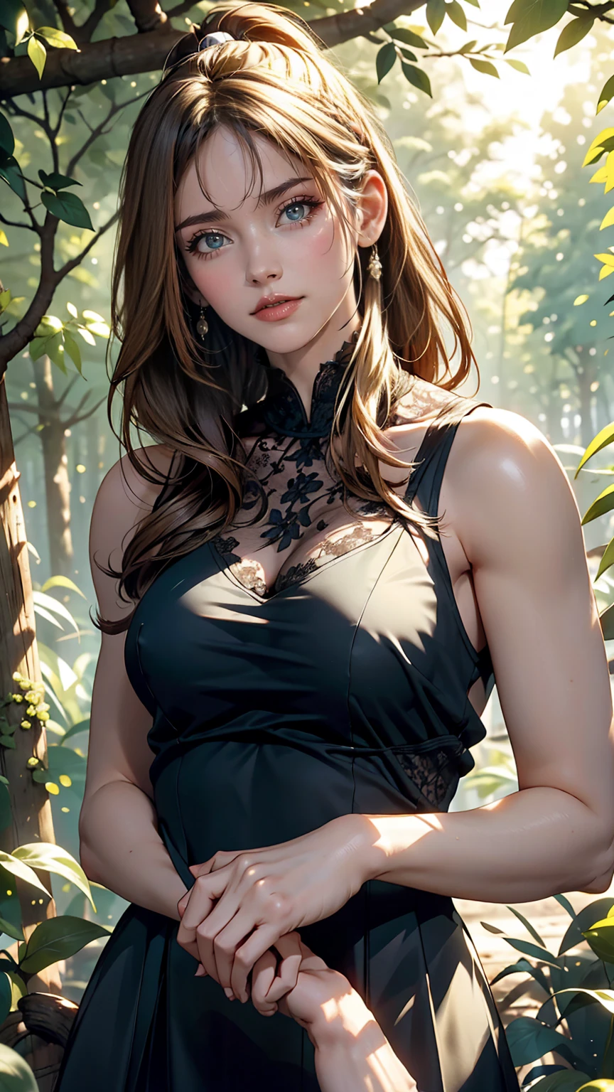 Beautiful American white woman、Dark Blonde、Her hair is tied in a ponytail at the back of her head with a ribbon、My hair is wavy、blue eyes 、slender、Out of focus background of open grassland in a forest、The sunlight filtering through the trees is beautiful.、smile、looking at the camera、slenderでありながら胸が大きく均整の取れた身体、Posing like a model、Brush your hair up、There must be headroom、Bare Breasts、Very high definition、She is wearing a tight black sleeveless lace dress