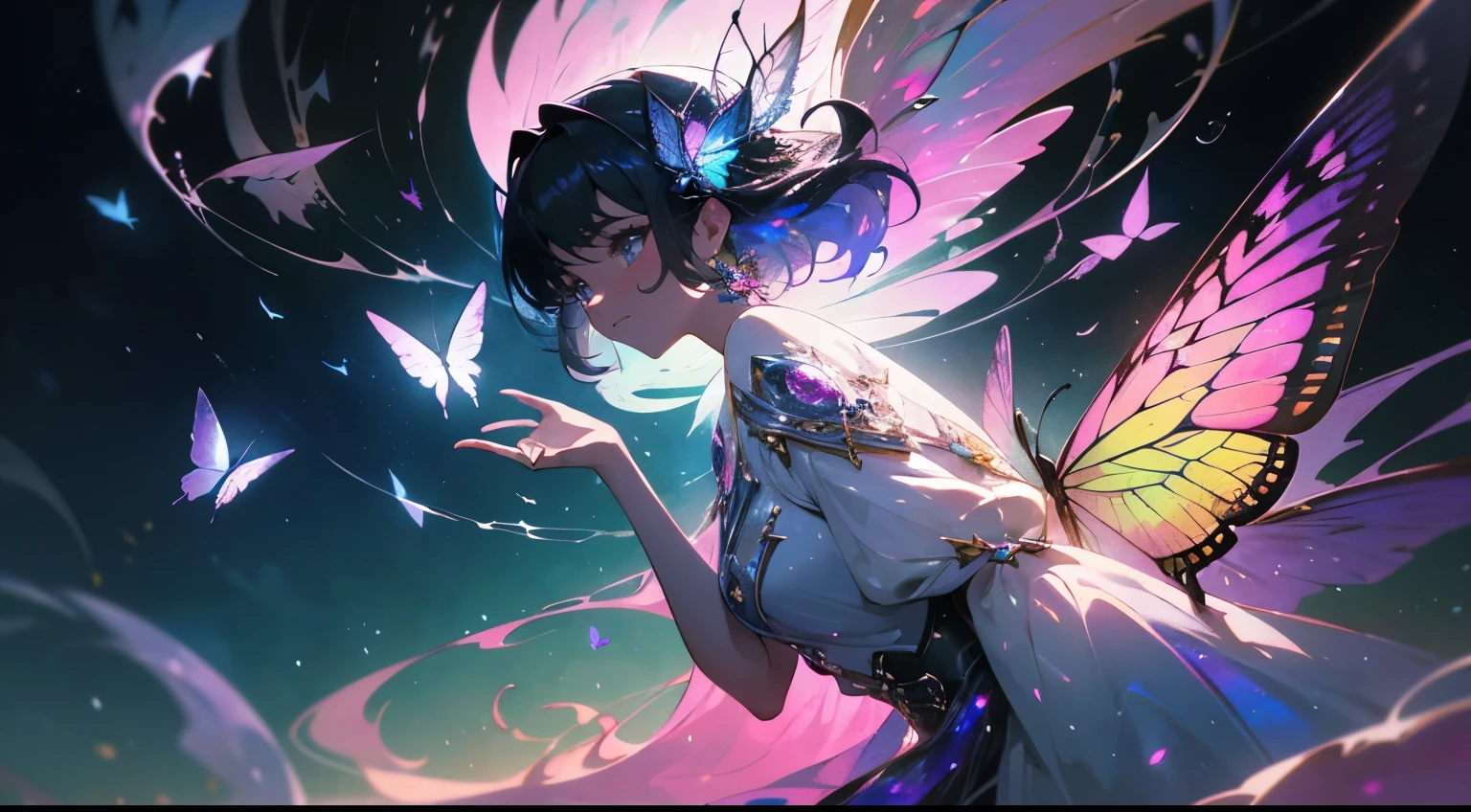 (((masterpiece))), (((best quality))), ((ultra-detailed)),(highly detailed CG illustration), ((an extremely delicate and beautiful)),cinematic light, Create a stunning fantasy artwork that mimics the style of currently trending masters of the genre. The art piece should contain elements of both mythic fantasy and fairytale fantasy with colorful accents. ((Utilize various shades of pink and watercolor pastels as the main color scheme.)) The character in the artwork is a delicate but strong figure with an aura of mystery and magic. Pay close attention to intricate facial features, such as mesmerizing eyes with vibrant colors and bold shading. The character's clothing should be designed with gossamer feathers, silk, stunning embroidery, and subtle iridescent details. Incorporate dreamy colors, dynamic lighting, and detailed background elements to create a sense of awe and immersion. Include colorful flying magical birds and jewel-toned butterflies radiating a magical aura. Consider the latest trends in fantasy art, such as incorporating unique lighting effects, exploring dynamic and compelling composition techniques, and experimenting with unique color palettes. Take inspiration from the top artists on ArtStation and Midjourney. Camera: Choose an angle that highlights the character's beauty and enhances the magical majesty of the artwork. Lighting: Utilize atmospheric lighting techniques to create depth and mood. Resolution: Aim for a high-resolution artwork to showcase intricate details and clarity. Art Inspirations: Seek inspiration from the trending artists on ArtStation, exploring different styles, genres, and themes.