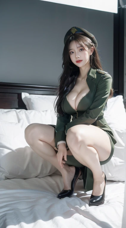 Typically detailed CG Unity 8K wallpaper，（masterpiece），（Best character details：1.36），Nikon D750F / 1.4 55 mm，RAW photos，Professional lighting， Physically based rendering, 1 busty girl, Female Soldiers，(Dark green military uniform，(Dark green military uniform)，Business suits，Fabric texture military uniform, Perfect military calm)，(Wear a plain white shirt under the jacket:1.25)，(Black tie)，(Military cap，boots，Full body view，:(Have a delicate face:1.2):0.2]:，Pure love face_V1，(huge cleavage:1.55),(Huge ass),(plump thighs:1.45),(Wide crotch:1.55),(I look up from below:1.55)，(，Huge breasts，Thin waist，loyal maid，Obey everything,Very obedient，付出型性格和Likeable的个性，Obedient personality、Likeable，Absolutely obedient，Absolute obedience，Willing to give everything，Waiting for orders with a confident smile，((Underwear close-up),Chest close-up,Close-up of face,Front view))，White Teeth，Sitting，Sitting on the bed，