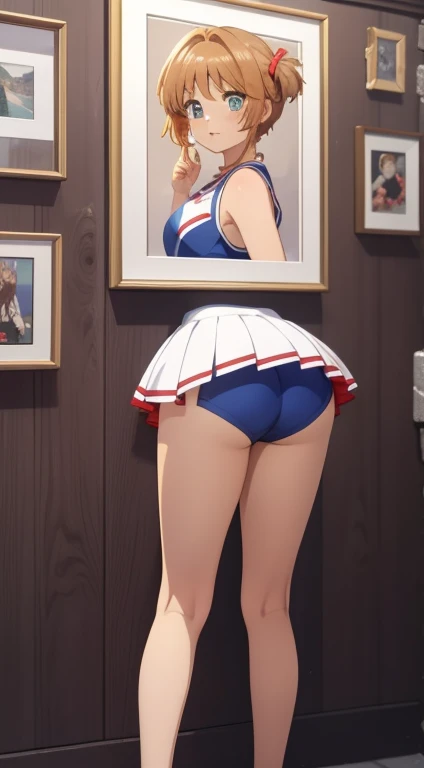 masterpiece, best quality, highres, perfect pixel, depth of field, 1girl, single, solo, beautiful anime girl, beautiful artstyle, (beautiful eyes), (detailed face), (blush), anime CG style, (medium breasts), good lighting, perfect body, lips parted, (sakura kinomoto), glossy lips, (cheerleader), (glory wall pose:1.3), (ass focus:1.2), (skinny thighs), (picture in frame)