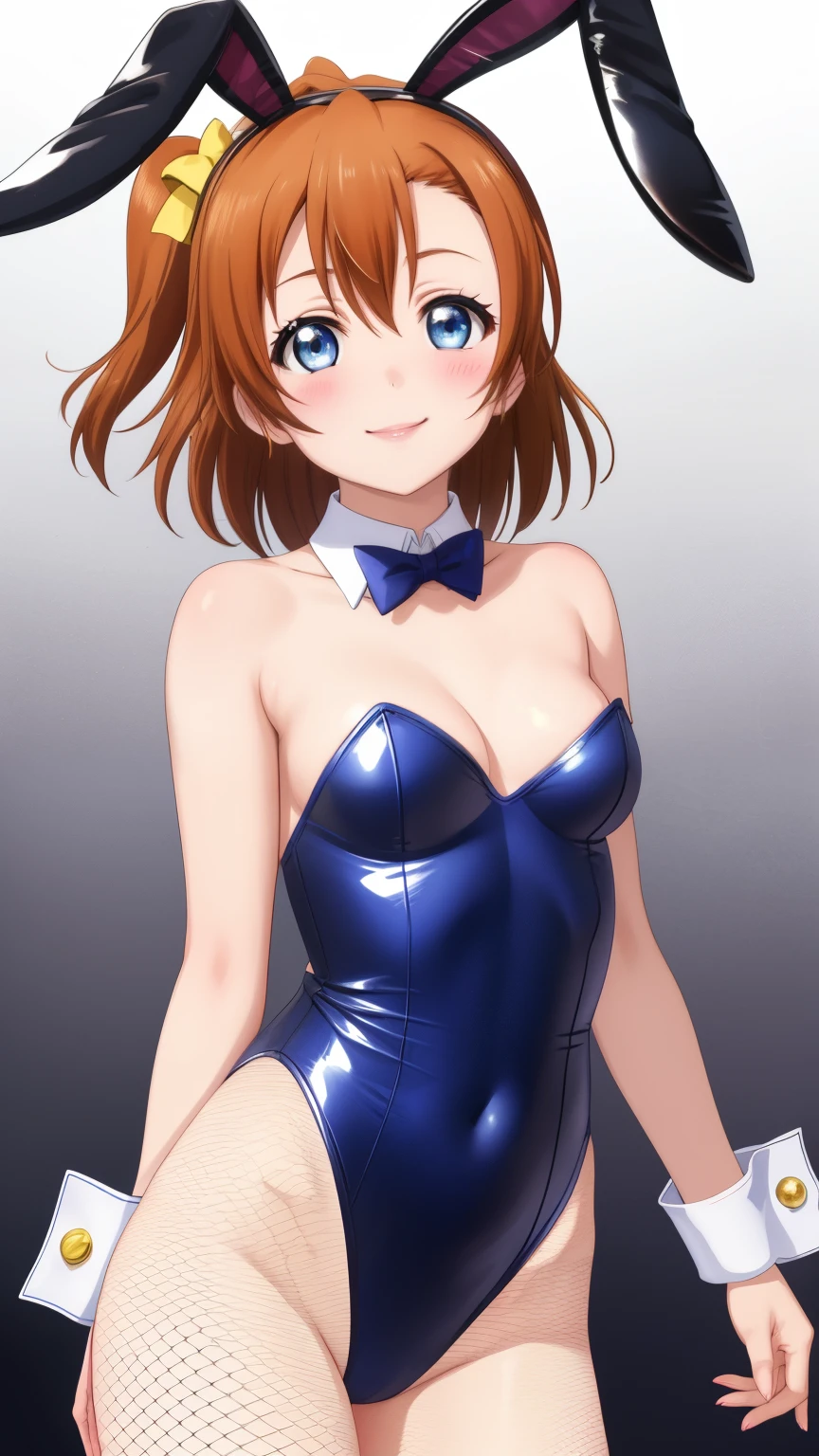 Masterpiece,solo, simple background,Watanabe you,blush, short_hair, blue_eyes, large_breasts, bare_shoulders, ass, looking_back, from_behind, rabbit_ears, leotard, bare_legs, strapless, detached_collar, playboy_bunny, flying_sweatdrops, rabbit_tail, blue_leotard, 