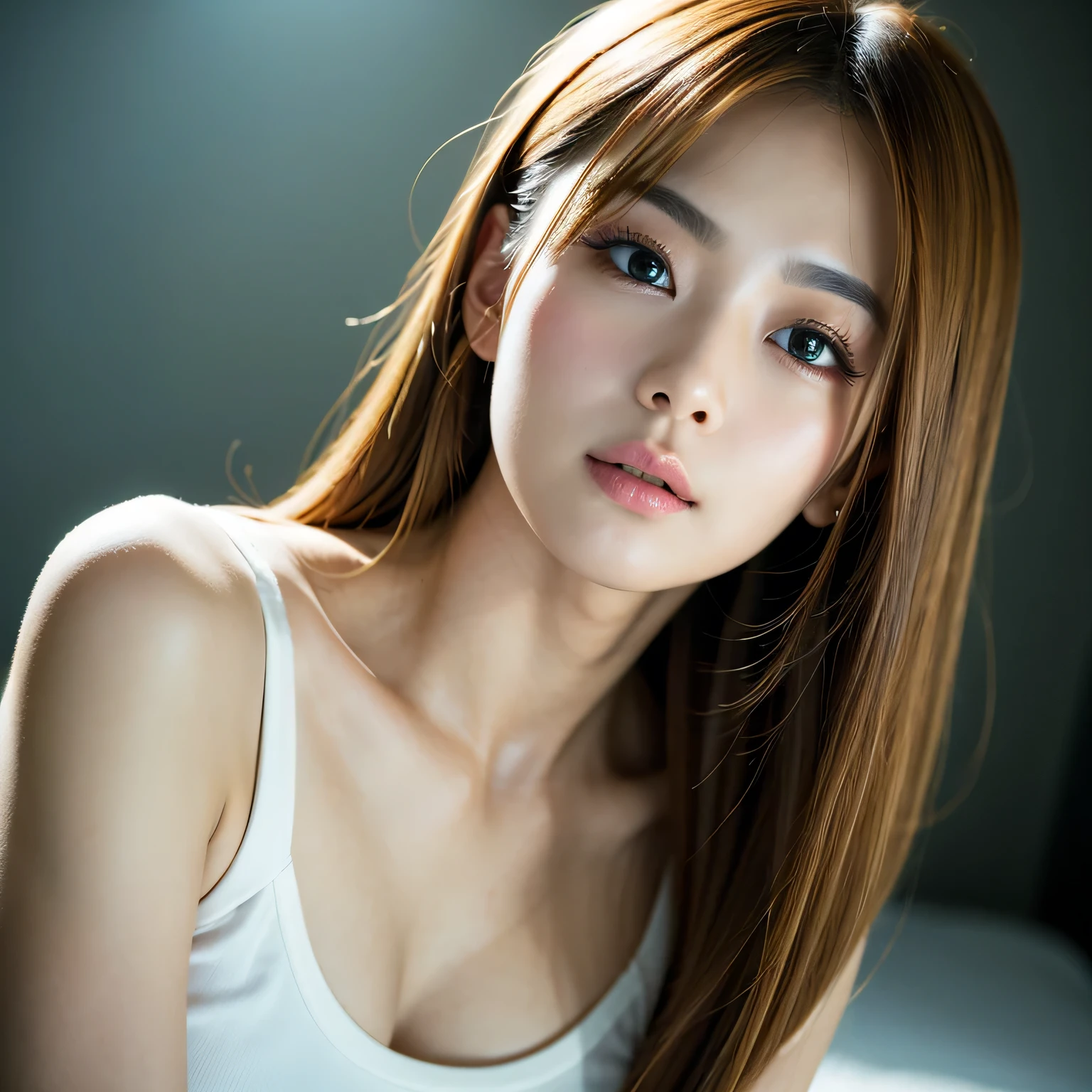 best quality,masterpiece,ultra high res,(photo realistic:1.4), 1girl,looking at viewer, White Tank Top, upper body, japanese famous actress, shiny hair,long hair, straight eyebrows,very beautiful, Cinematic, 35mm lens, f/ 1. 8, accent lighting, 8k, white background