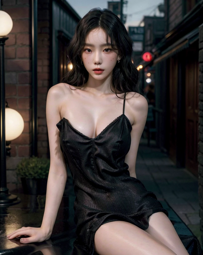 absurdres, RAW photo, extremely delicate and beautiful, masterpiece, Best Quality, ultra high resolution, 32k, hyperrealistic, ultra-detailed, perfect anatomy, perfect figure, Perfect skin, super Detailed skin, muted coral blush, Closed mouth, 20 years old, very Slim body, narrow waist, very small head, very small face, delicate facial features, tearful mole, earring, thin legs, bare legs, (((very huge round breasts))), short medium hair, brown braid hair, ((wavy hair)), (1girl:1.6), (Anatomically correct), (Plump nipples), day light, ((night city street)), ((Silk hot black dress:1.3)), ((tightly dress)), ((laced dress)),