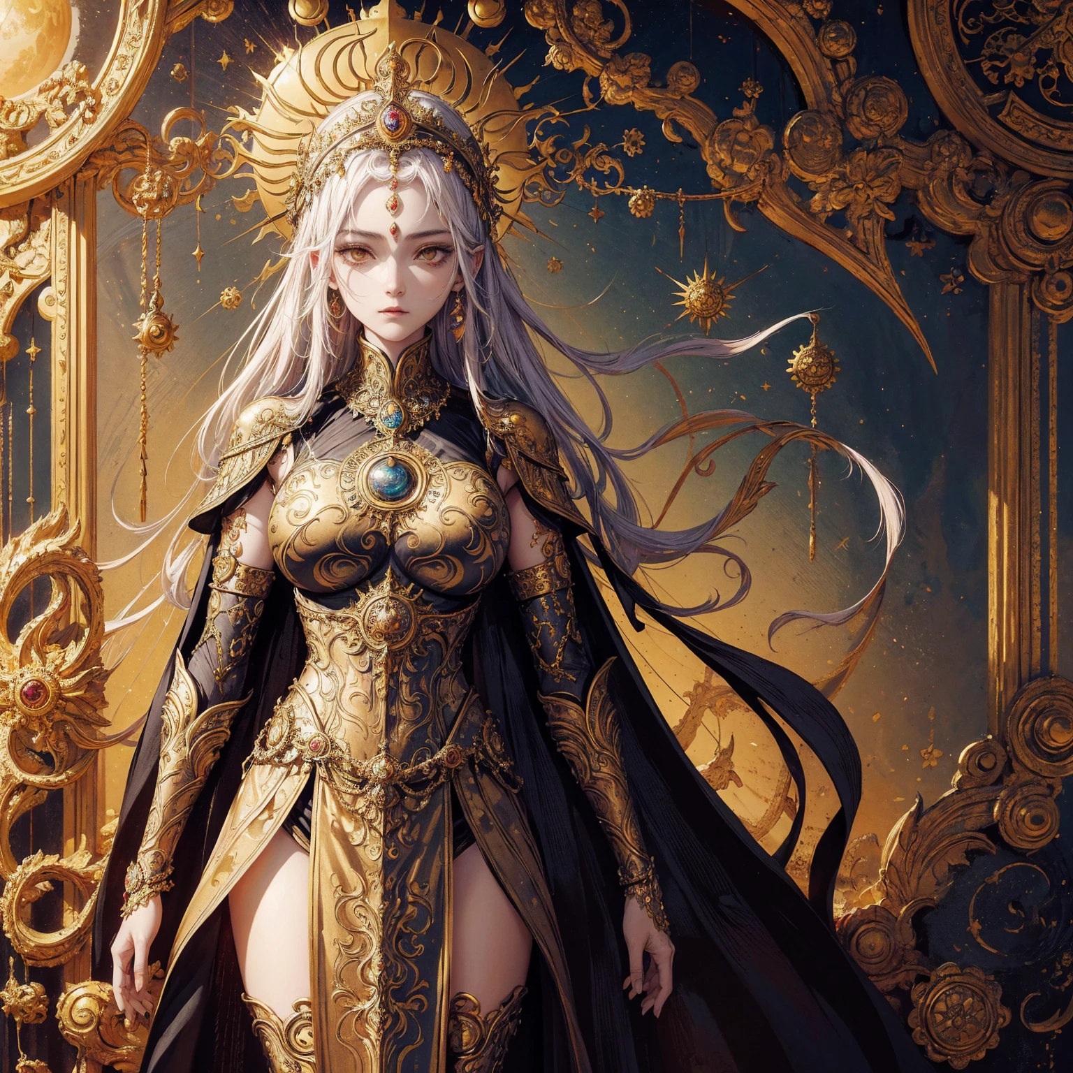 Art of woman wearing sun crown and ornate breastplate, ancient goddess art, Sacredness. Very detailed, Mysterious inspiration, Inspiration from the Sun God, Religious inspiration, Cold and snobbish face, Standing, Full body portrait, Gothic art style, Weird art style, Occult art