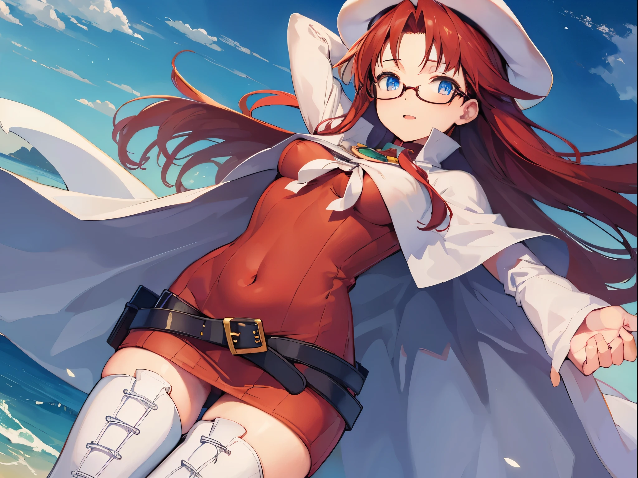 summonnightaty, aty, (young:1.3),long hair, blue eyes, red hair, big_tits, hat, glasses,
BREAK long hair, thighhighs, hat, dress, naked_legs, glasses, belt, cape, sweater, zettai ryouiki, beret, thigh boots, white footwear, ribbed sweater, loose belt,solo,
BREAK outdoors, fantasy,on_beach,
,Highquality_hads,perfect_fingers,
BREAK (masterpiece:1.2), best quality, high resolution, unity 8k wallpaper, (illustration:0.8), (beautiful detailed eyes:1.6), extremely detailed face, perfect lighting, extremely detailed CG, (perfect hands, perfect anatomy),covered_nipples,covered_navel ,half_eyes,long_sword,sleepy,red_sweater,apart_knees,magical_effect,spread_legs, have_a_book,teacher,rise_knee,Smile,rise_hand,look_down_viewer,spread_arms,sea_waves,looking_into,blue_sky,plump,open_mouth