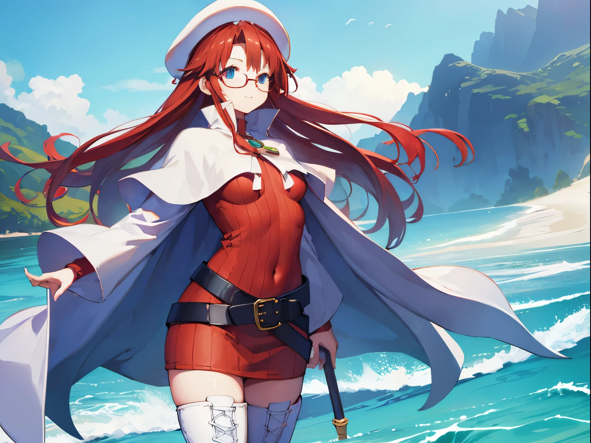 summonnightaty, aty, (young:1.3),long hair, blue eyes, red hair, big_tits, hat, glasses,
BREAK long hair, thighhighs, hat, dress, naked_legs, glasses, belt, cape, sweater, zettai ryouiki, beret, thigh boots, white footwear, ribbed sweater, loose belt,solo,
BREAK outdoors, fantasy,on_beach,
,Highquality_hads,perfect_fingers,
BREAK (masterpiece:1.2), best quality, high resolution, unity 8k wallpaper, (illustration:0.8), (beautiful detailed eyes:1.6), extremely detailed face, perfect lighting, extremely detailed CG, (perfect hands, perfect anatomy),covered_nipples,covered_navel ,half_eyes,long_sword,sleepy,red_sweater,apart_knees,magical_effect,spread_legs, have_a_book,teacher,rise_knee,Smile,rise_hand,look_down_viewer,spread_arms,sea​_waves,looking_into,blue_sky,plump,open_mouth