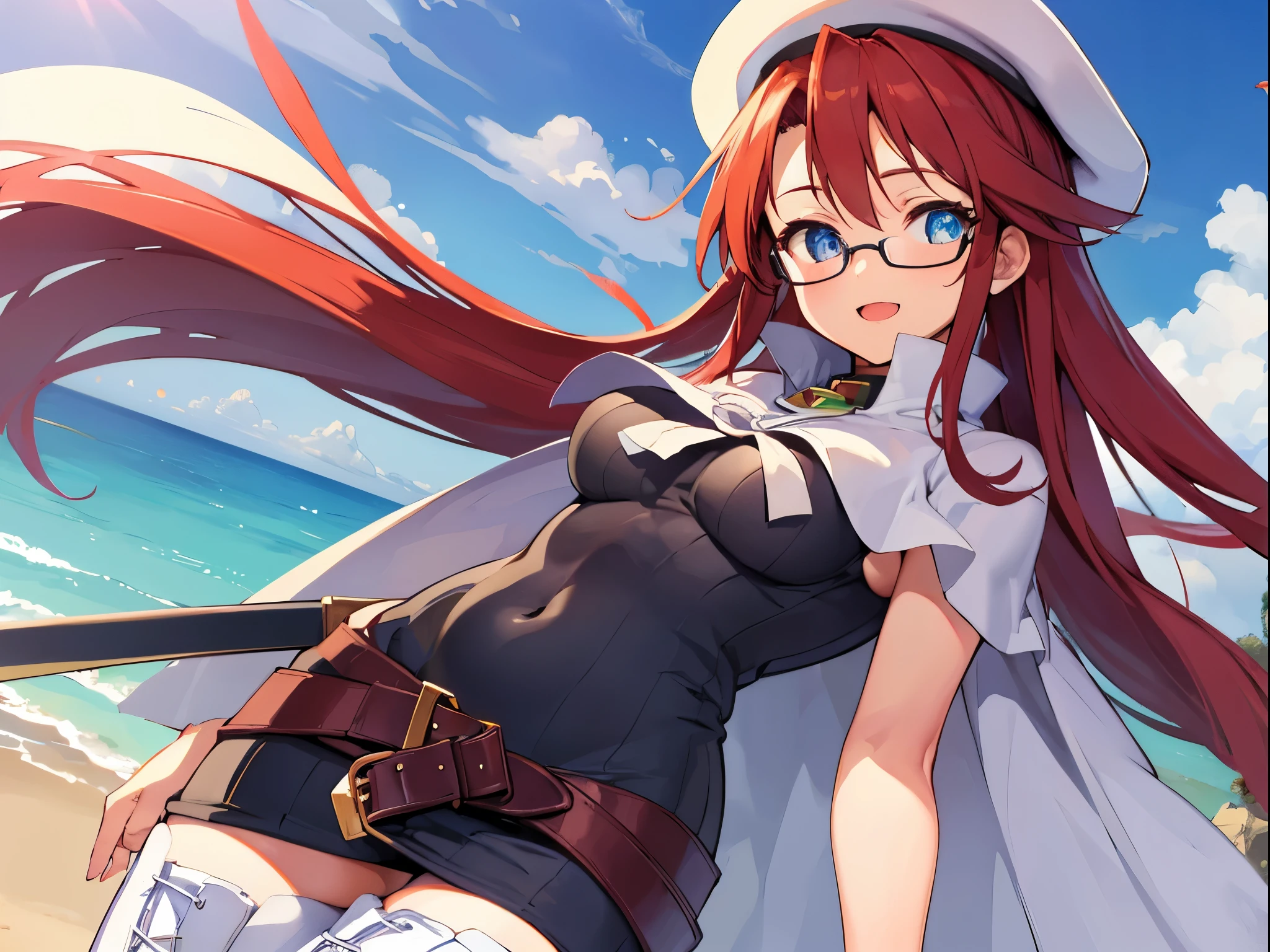 summonnightaty, aty, (young:1.3),long hair, blue eyes, red hair, big_tits, hat, glasses,
BREAK long hair, thighhighs, hat, dress, naked_legs, glasses, belt, cape, sweater, zettai ryouiki, beret, thigh boots, white footwear, ribbed sweater, loose belt,solo,
BREAK outdoors, fantasy,on_beach,
,Highquality_hads,perfect_fingers,
BREAK (masterpiece:1.2), best quality, high resolution, unity 8k wallpaper, (illustration:0.8), (beautiful detailed eyes:1.6), extremely detailed face, perfect lighting, extremely detailed CG, (perfect hands, perfect anatomy),covered_nipples,covered_navel ,half_eyes,long_sword,sleepy,red_sweater,apart_knees,magical_effect,spread_legs, have_a_book,teacher,rise_knee,Smile,rise_hand,look_down_viewer,spread_arms,sea​_waves,looking_into,blue_sky,plump,open_mouth