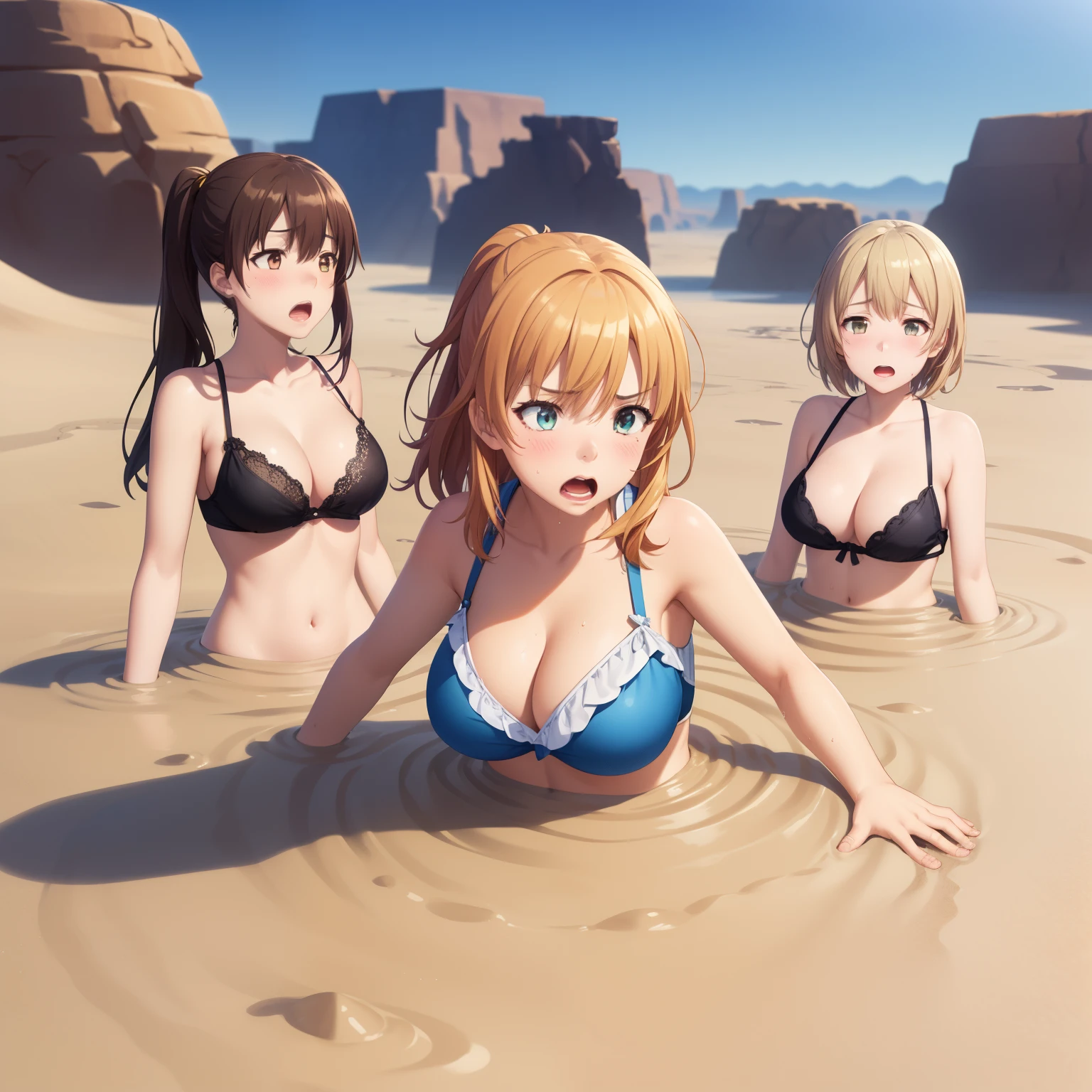 3girls, (multiple girls), natural lighting, masterpiece, highly detailed, illustration, game CG, absurdres, high quality, aichan, isshiki iroha, large breasts, beautiful detailed eyes, ponytail, twintails, bangs, glossy lips, (upset, scream, drowning, sinking), desertscape, desert, sinking, (quicksand), cleavage