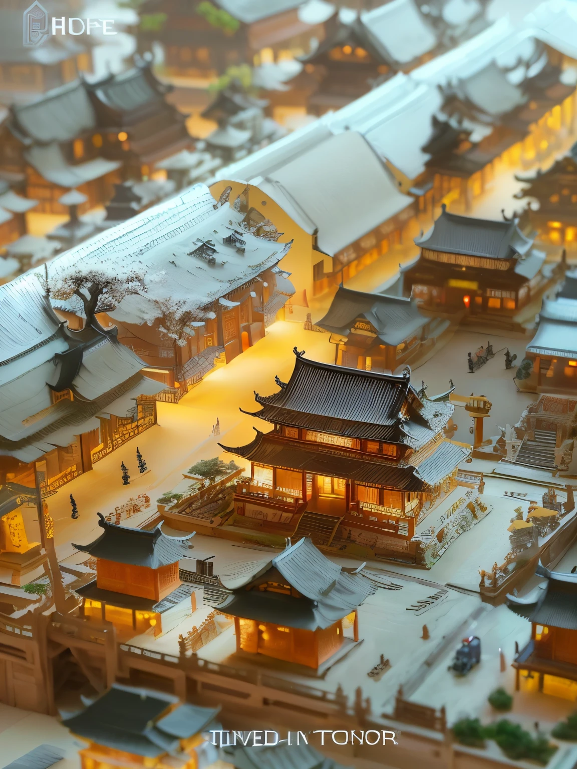 Rice Paper Scroll Exhibition Hall,Chinese ancient city building street,Center shines,3D Effect,Gold and silver,Professional photography,HD camera,Silver depicts construction man,Miniature landscape,Miniature sculpture,Exquisite paper cutting,Miniature architectural street scene。