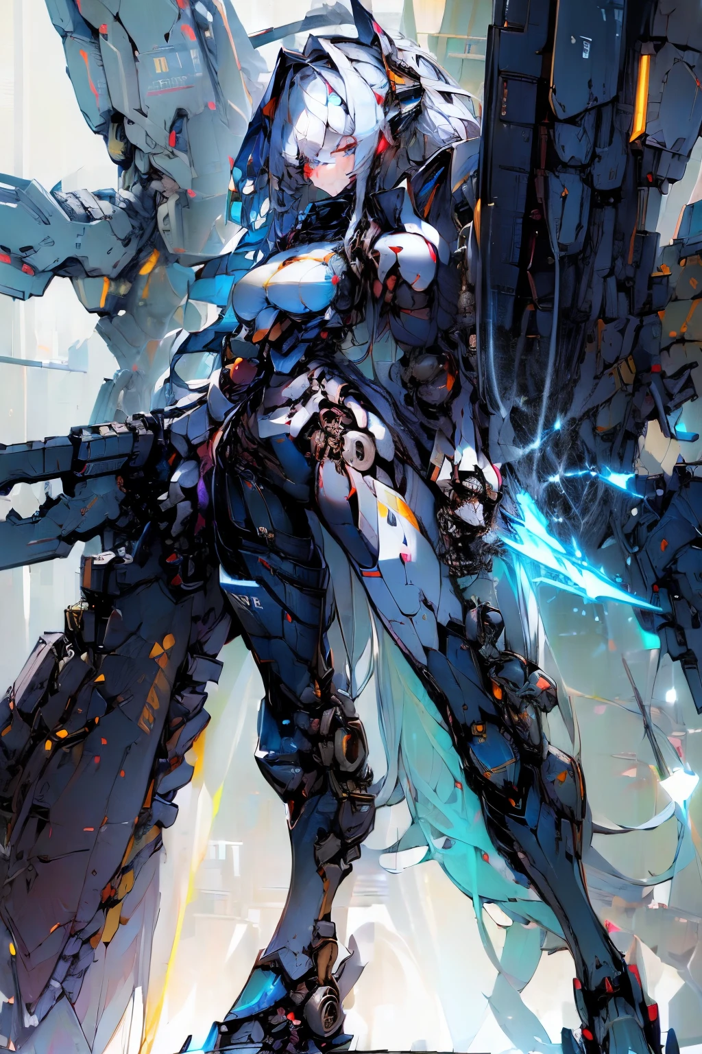 (masterpiece:1.8),(highest quality:1.7),(Super detailed:1.6),8k,Transistor Grammar, girl heavily armed,Silver Hair,Blue Eyes,Expressionless,(gigantic breast:1.2),Long Hair,Loose curls,Heavy Armor,Missile Pod,Missile Pod,Huge Cannon,Huge Cannon,Gatling Gun,Vulcan cannon,Gun Blade,Gun Blade,Missile Box,Missile Box,Electromagnetic Barrier,Machine Arm,Machine Arm,booster,booster無数のケーブル,Shotgun,Countless machine guns,generator,Over-technology,(Super Heavy Armor:1.5),Powered Suit,Decisive Weapon,Rail Cannon,One Man Army,Vulcan cannon,cyborg,Integration,Air Combat,Attitude control thruster,Diva Suit,Mechanical Armor,(重Equipment:1.5),The chest is open,(Symmetrical:1.6),Equipment,Dendrobium,(Big-ship mega-gunnery:1.3),Human Weapon,(Spinal connection of weapons:1.7)