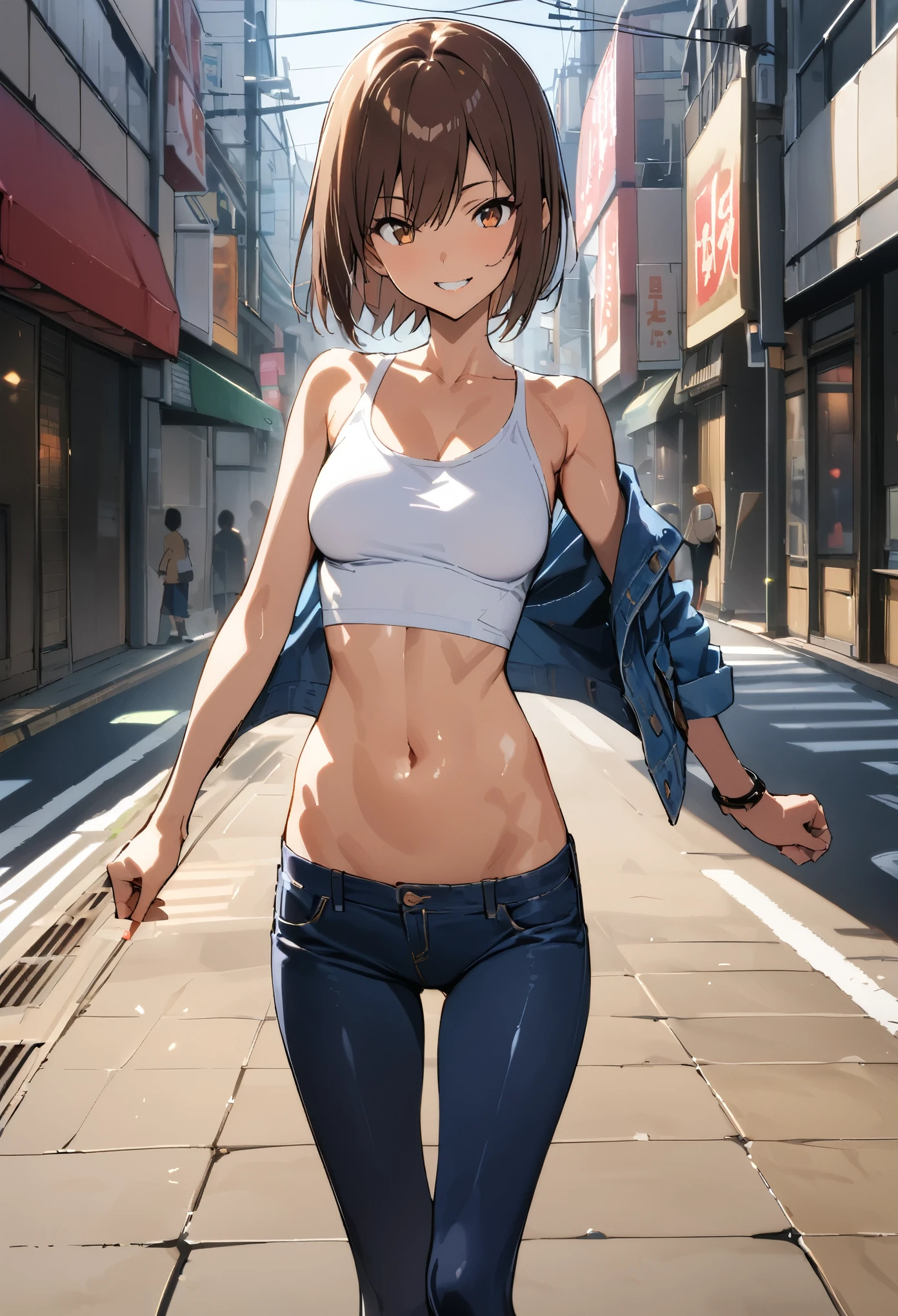 takeda hiromitsu style,(((masterpiece, highest quality:1.5,absurdres))),20 year old beauty,solo,((very small head)),short bob hair,bangs,dark brown hair,brown eyes,smile,medium breasts,((very long body)),((toned body,slender body)),skinny,gleaming skin,shiny skin,White T-shirt and blue denim jacket、Denim Microshorts、on street,Tokyo、