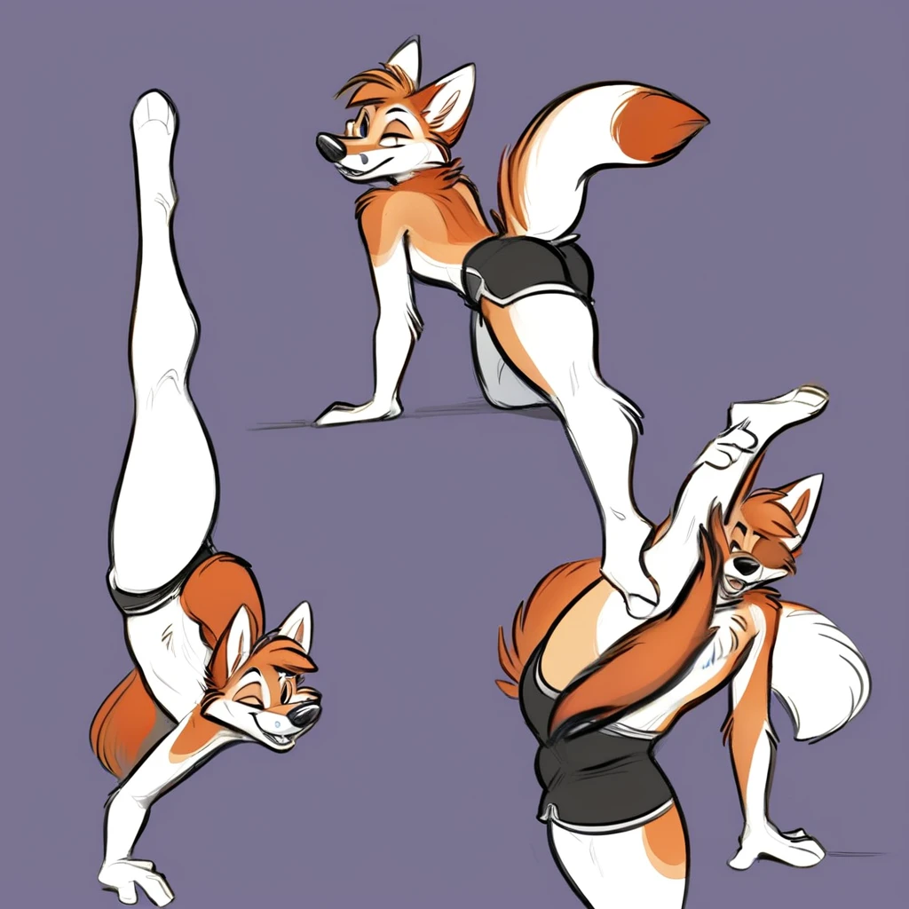 A blue anthropomorphic fox, wearing black swimming shorts, doing a stretching leg up pose, has thick thighs, high quality, crisp,