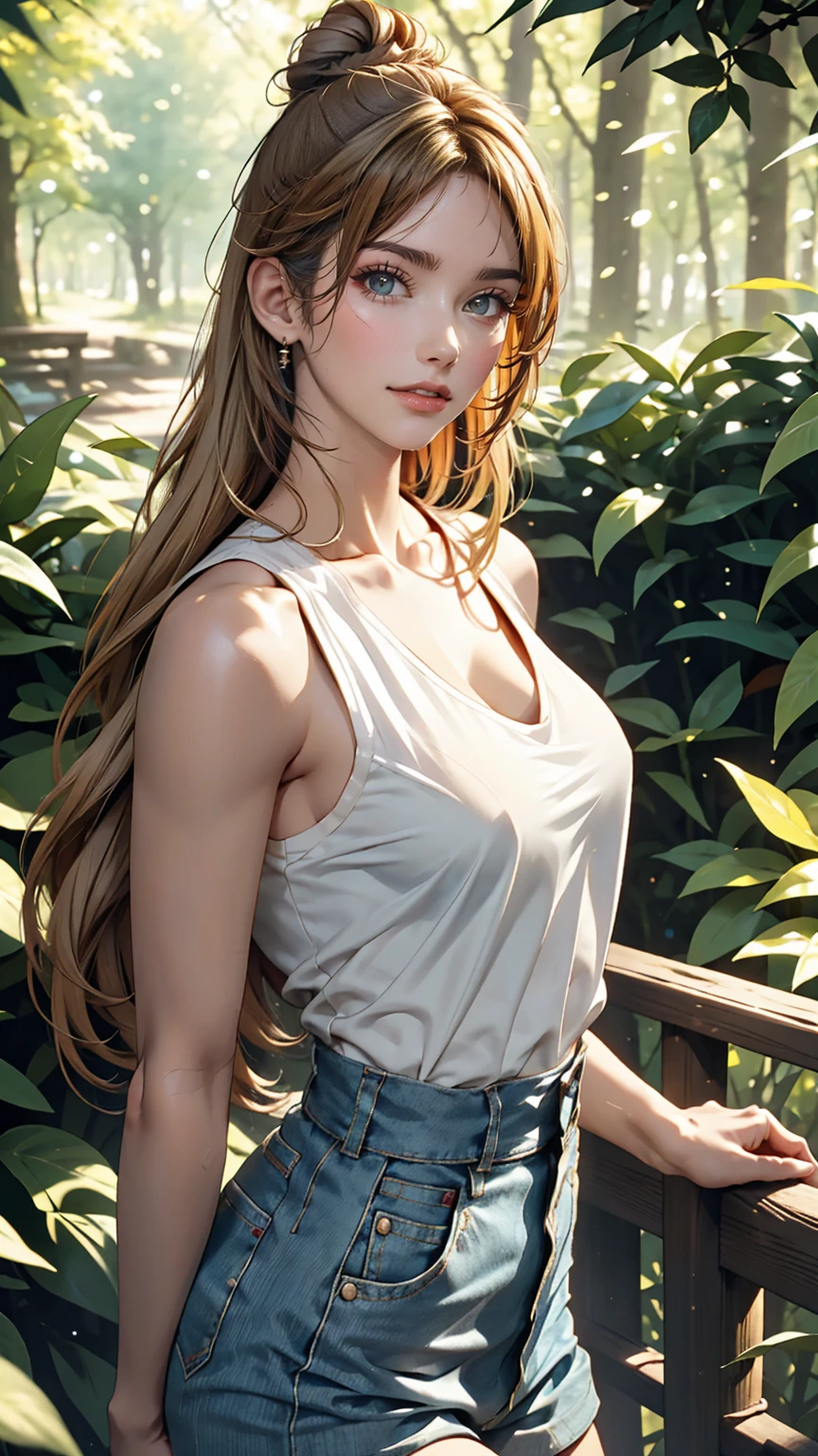 Beautiful American white woman、Dark Blonde、semi-long、Her hair is tied in a bun with a scrunchie、My hair is wavy、blue eyes 、slender、Out of focus background of open grassland in a forest、The sunlight filtering through the trees is beautiful.、smile、looking at the camera、slenderでありながら胸が大きく均整の取れた身体、Posing like a model、There must be headroom、Very high definition、Wearing a black high-necked sleeveless top、My chest is popping out