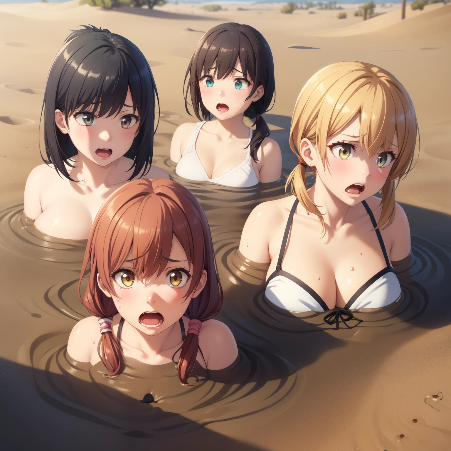 3girls, (multiple girls), natural lighting, masterpiece, highly detailed, illustration, game CG, absurdres, high quality, aichan, isshiki iroha, large breasts, beautiful detailed eyes, ponytail, twintails, bangs, glossy lips, (upset, scream, drowning, sinking), desertscape, desert, sinking, (quicksand), 