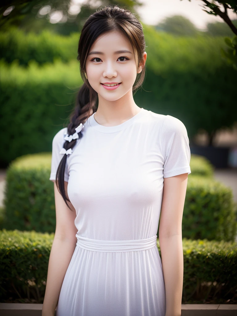 a gorgeous lady in a Black Korean Style Short Sleeve Slim Fitting Translucent Longdress, standing under night sky, dimpled smile, short ponytail, well-endowed round bosom, natural pose, photorealistic, beautiful detailed eyes, hyper-realism, high contrast, ultra HD, realistic skin textures, top image quality, top-quality, super high resolution, fine details, very meticulously, bokeh background