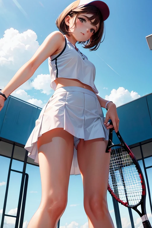 tennis wear、(Panty shot)、Beauty、brown hair bob、((whole body))、(((photo taken from below)))、Tennis court