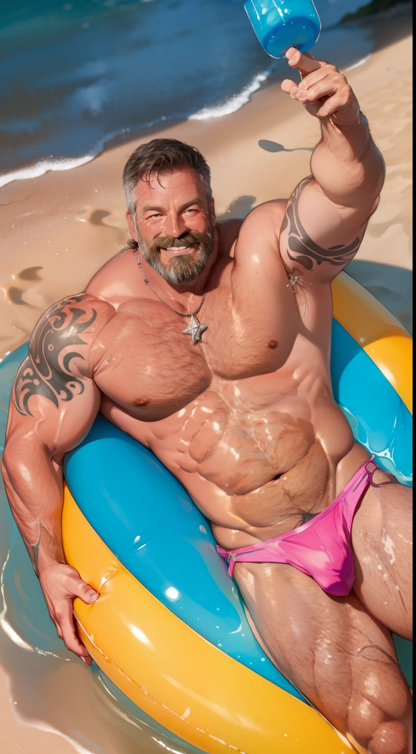 (masterpiece, best quality, detailed:1.2) old muscleman, daddy, white stubble, smiling , happy face, smirk, wearing a spandex speedo(pink) thong, very muscular body, chest hair , nicebulge, seascape, fluffy clouds, mustache, realistic, full body shot:1.7 , shiny spandex thong(!), playing in waves, beach ball, beach ball spinning, tan skin, water dripping off his body, water droplets glistening, big waves in background, floating on a float, blowup float(donut), lying on float in water, legs open, view from above, lying back floating on water, shiny skin, lots of tattoos on arms, tattoo sleve, surfer necklace, lush tropical flora, palm tree shade, holding a cold cocktail drink in hand, raising a glass,