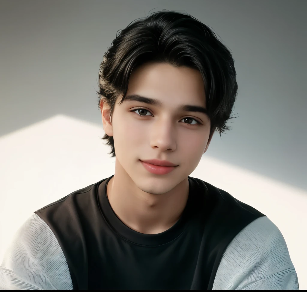 (melhor qualidade,realista),(1 menino,sorridente:1.1,18 anos:1.1),(cabelo preto:1.1,slicked back style,franja,franja),(NIKE SNEAKERS,moletom,shorts),(rosto detalhado:1.1,olhos detalhados:1.1,detailed lips:1.1),(cores vivas:1.2),(retrato),(studio lighting),(tom de cor quente),(bright and natural lighting),(young and energetic),(confident expression),(realista rendering),(ultra-detalhado)