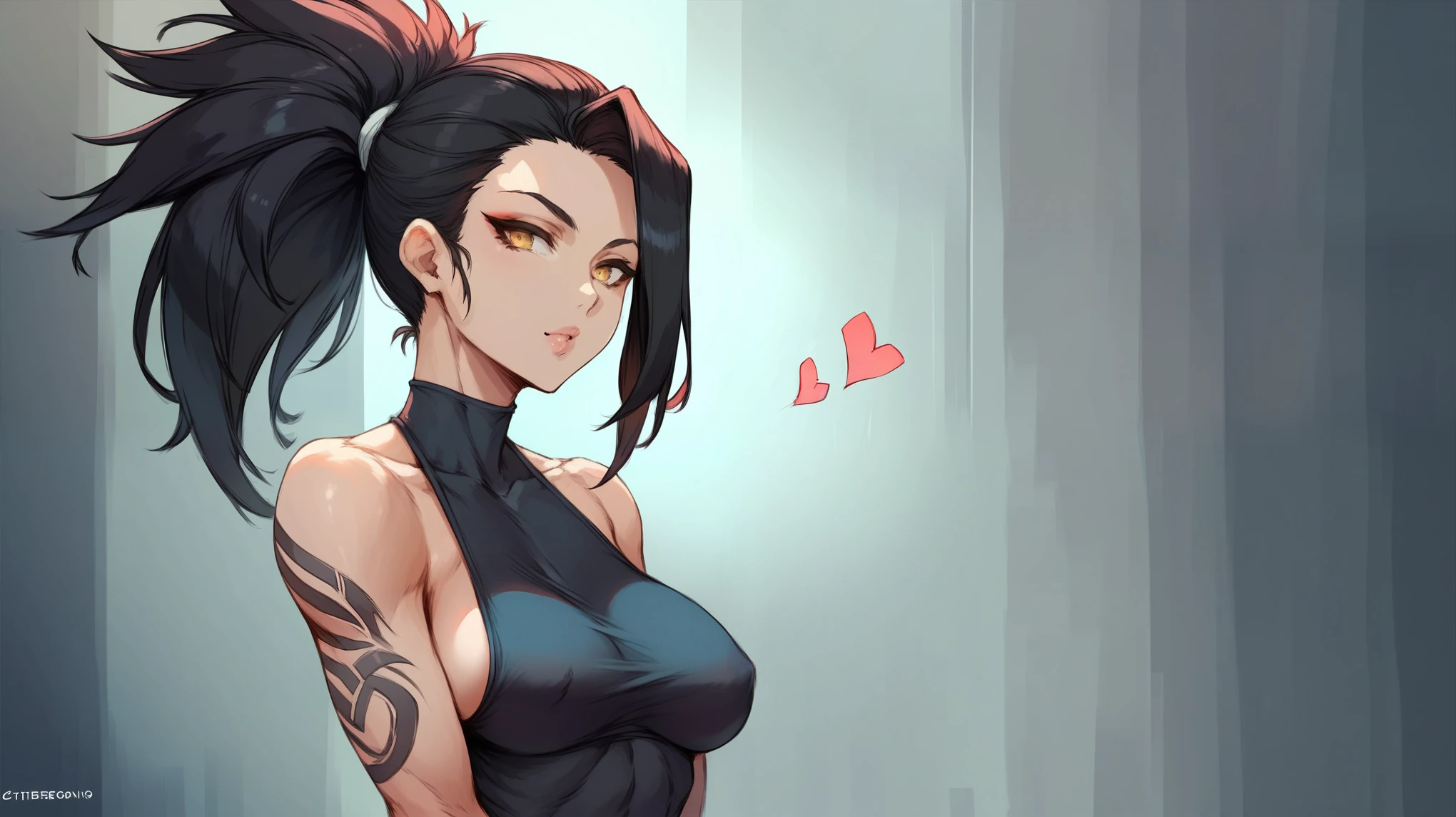 (cutesexyrobutts:0.8), (score_10, score_9_up, score_9, score_8_up, score_7_up, score_6, score_5, score_4, source_anime), (digital painting), (fine line work), (best quality), (extremely detailed), (highest quality), (intricate linework), (intricate details), more detail XL, foto desde abajo, focus face, Akali kda prestige, Yellow Eyes, Black Hair, Arm Tattoo, Tattoo, Medium Breasts, Bare Shoulders, cowboy_shot, complex gym background, hearts, dynamics,