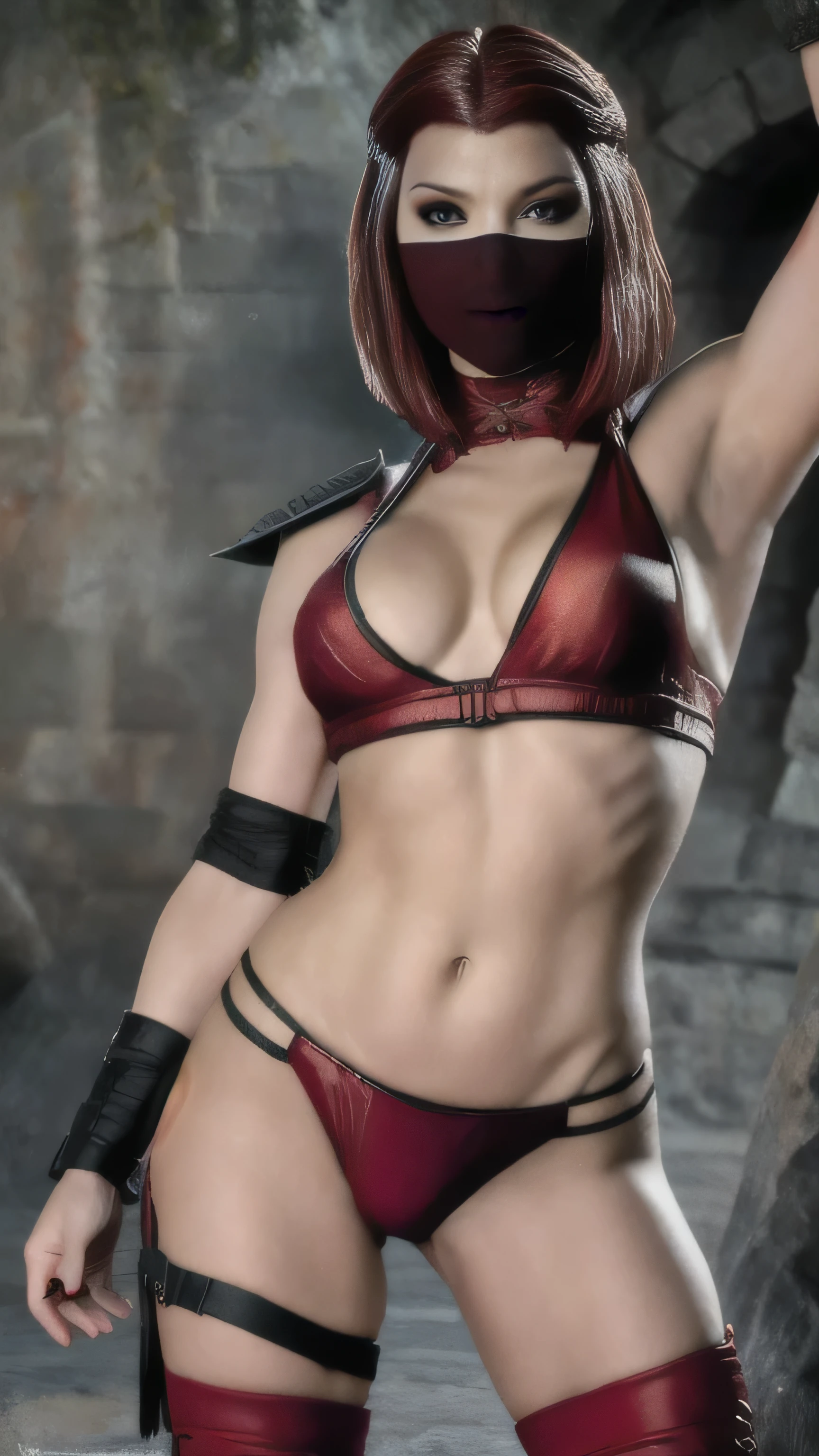 (Natalie Dormer) as Skarlet from Mortal Kombat, assasin, red eyes, red bob haircut, mouth mask, shouler pads, red top, pelvic curtain, gauntlets, bandages, knife blades, midriff, navel, blood splatters on skin, standing, dungeon, 1woman, solo, full body view, front view, looking at viewer, intricate, high detail, sharp focus, dramatic, photorealistic painting art by greg rutkowski