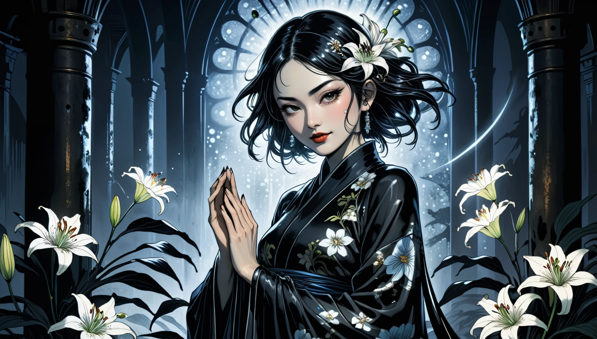 high quality, high quality 32k  Woman in a gothic setting, grunge inspired with Yuko Shimizu, Masamune Shirow, Inio Asano, and Junji Ito's styles, high fashion elements in a dark and ambiguous atmosphere, hair flowing into a radiant lily, body embellished with crystals, luminicsm, bioluminescence, expression brimming with hyperrealism, stands with dark beauty, cinematic lighting, visual enhancement through triple exposure technique, accentuating the character's impeccably depicted fingers and idealised form, Japanese ink techniques, chiaroscuro effects, medium shot, high quality, ultra hd medieval fantasy setting, cinematic shot, smirk, seductive smile, sultry look