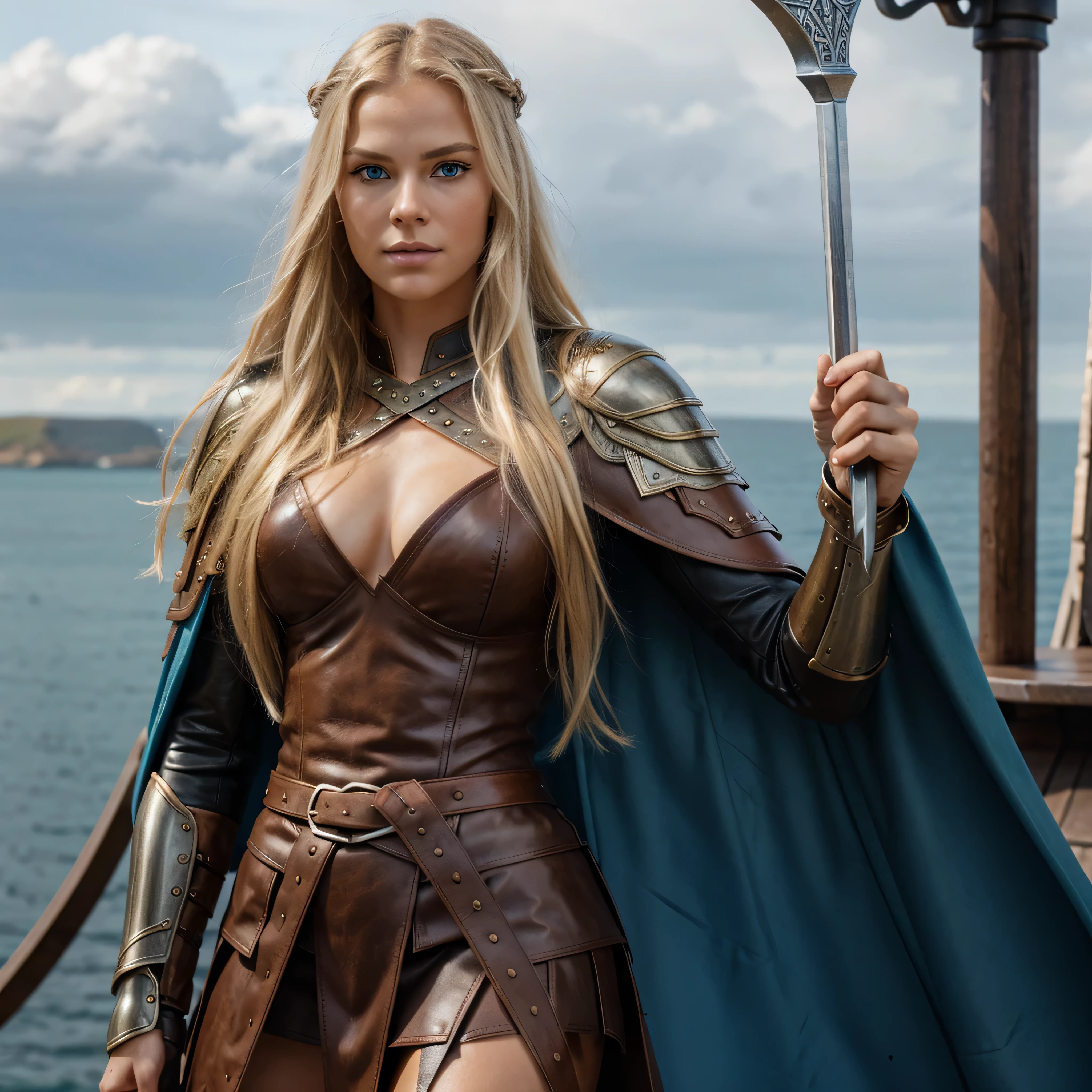 Gorgeous Woman, Valkyrie, Long blonde hair, blue eyes, detailed facial features, proportional hands, proportional fingers, leather armor, fur cape, viking ship,