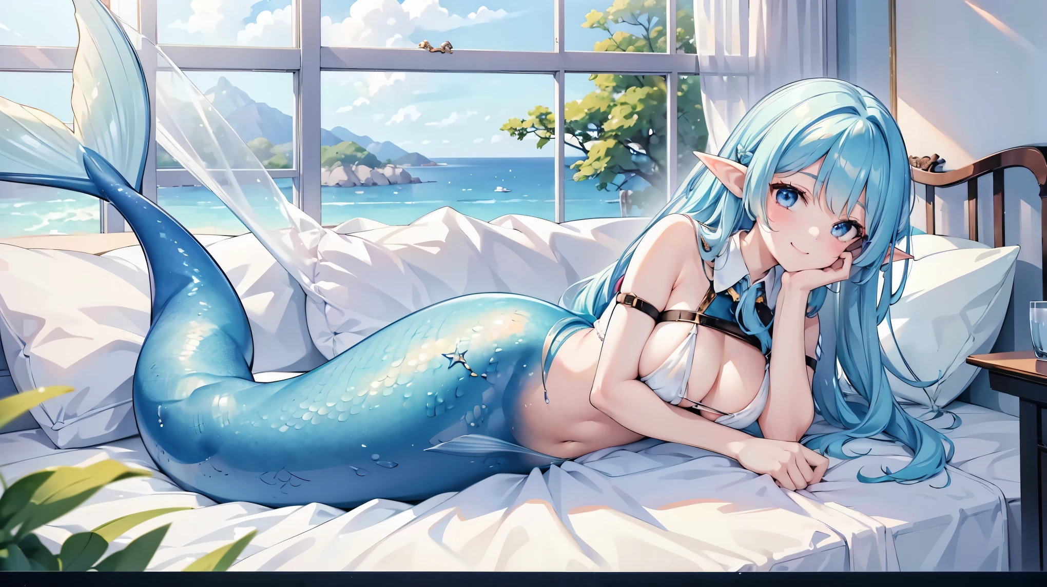 masterpiece, best quality,A girl,Witch, Blue Hair, blue eyes, Elf ears,swimsuit,Solitary,Large Breasts,Mermaid,蓝色的Mermaid尾巴,full-body shot,charming face(Kawaii, charming,Soft),Lying in bed,sea view outside the window,looking at the audience,Smile