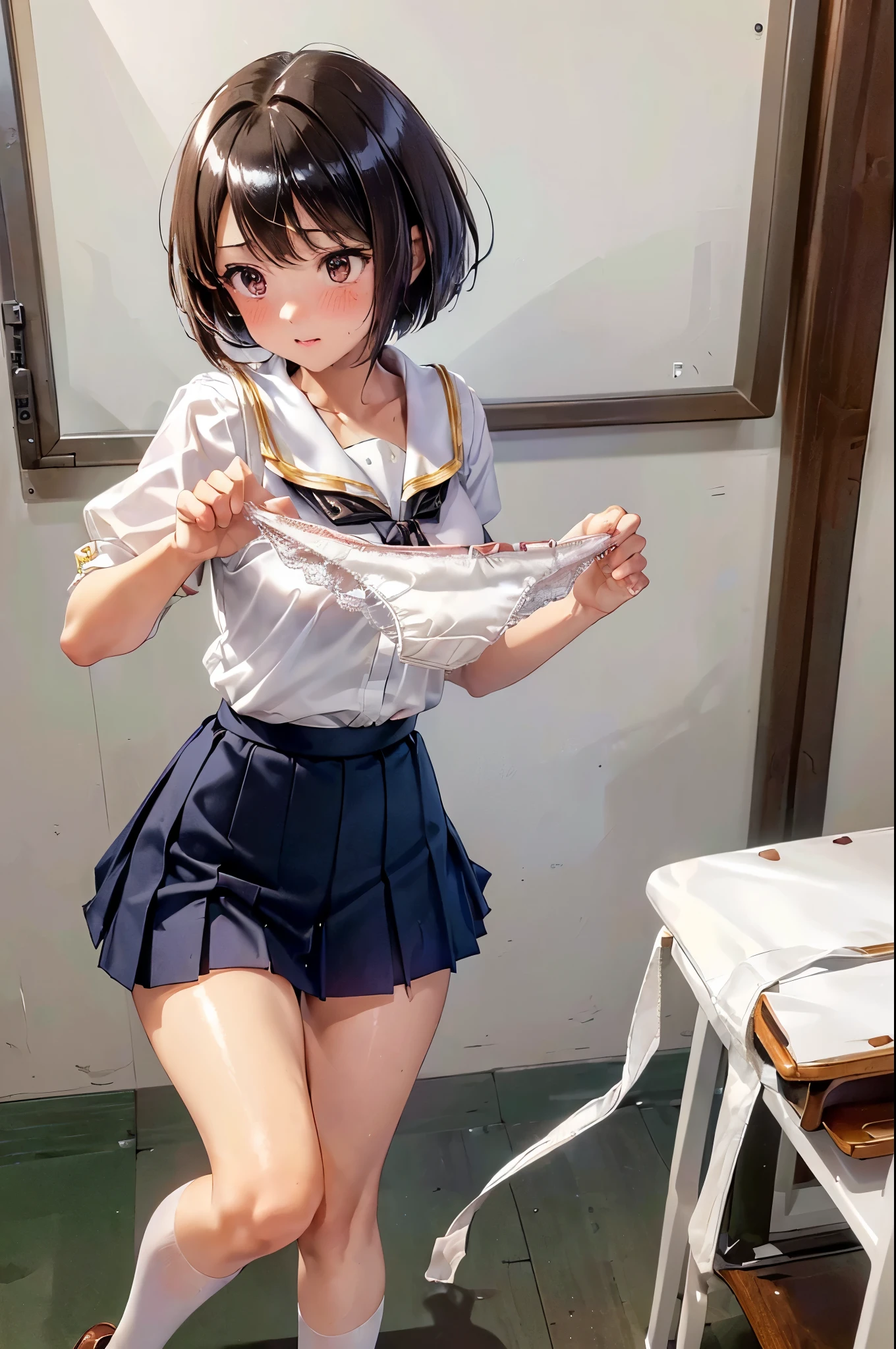 (((masterpiece, highest quality, High resolution, 超High resolution, Perfect Pixel, Depth of written boundary, 4K, RTTX 10.0))), Beautiful Anime Woman, Beautiful art style, Anime characters, ((Smooth texture, Realistic texture, Anime CG Style)), Exact finger count、Exact number of legs、(Exact number of arms:1.0, Exact number of hands:1.0), (Perfect hands, Perfect Anatomy), Cinematic, Realistic, Extremely detailed CG, Daytime lighting, Perfect lighting, Best Shadow, The best natural light, whole body, Perfect body, (Slender body:1.2), whole body, ((bangs, Dark brown hair, Stylish and cute bob cut)), ((A cute woman shows off her panties in her hands:1.3)), (Fashionable white shirt, Sailor collar, Knee-high socks, loafers, Navy pleated mini skirt:1.3), ((Sexy and cute panties, (Stylish shiny white satin panties:1.2), Small lace panties:1):1.3), (beautiful and very large breasts:1.1), (Beautiful and thin thighs:1.3), Short torso, Feeling embarrassed, (blush:1.2), (Embarrassed expression:1.4), (In the school classroom:1.5), Angle from the front