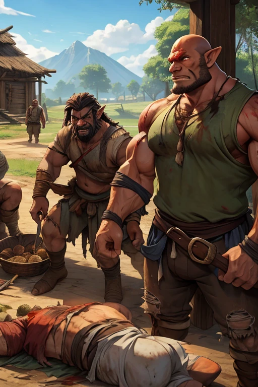 Medieval fantasy Human prisoners in an Orc village breaking down a freshly hunted boar for the tribe to cook later. Sweat. Muscles. Dirt. Worn clothes. Torn clothes. Worn and torn shirt. Bloody hands. Blood stained clothes. Tusks. Crotch bulge. Bulging crotch. Growing muscles. Round ears.