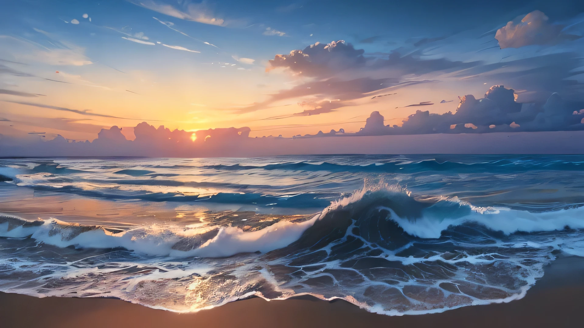 (masterpiece, best quality:1.2), Super detailed, movie lighting, HDR, illustration, landscape, sunrise, beach, touching, chill, Encouraging,
