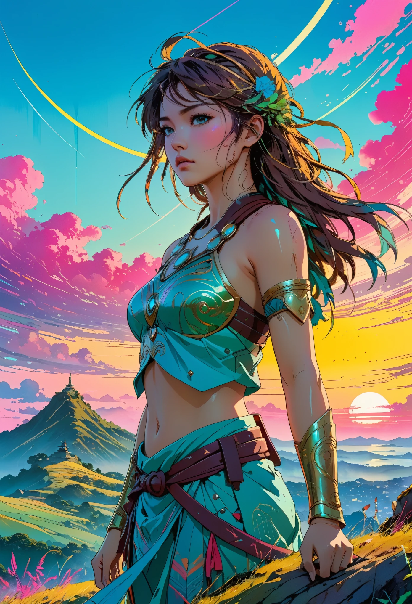 poster of warrior princess, standing alone on hill, detailed gorgeous face, anime style, key visual, intricate detail, synthwave colours, highly detailed, breathtaking, vibrant, panoramic, cinematic, Carne Griffiths, Conrad Roset, Makoto Shinkai, Wadim Kashim