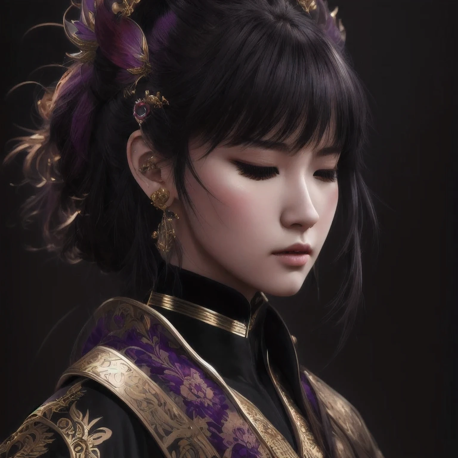 there is a 18 years old in a purple dress holding a dragon, wlop and ross tran, ross tran 8 k, fantasy art style, chengwei pan on artstation, a beautiful fantasy empress, ross tran and wlop, ruan jia and artgerm, the dragon girl portrait, ig model | artgerm, artgerm and ruan jia,beautiful
1girl
bangs
深绿 eyes
closed mouth
ear piercing
earrings
grey background
hair ornament
jewelry
lips
looking at viewer
military
military uniform
nose
piercing
portrait
realistic
short hair
simple background
solo
upper body